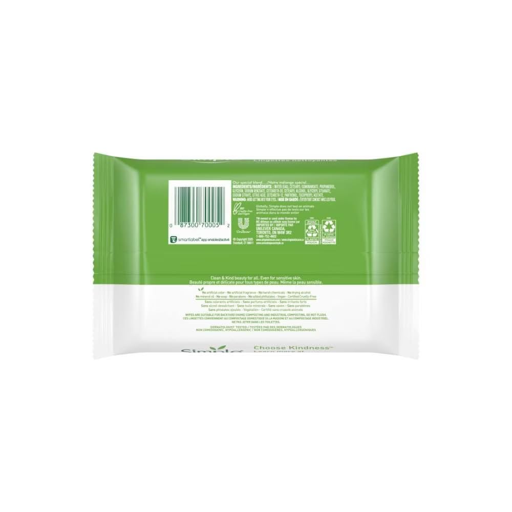 Simple Sensitive Skin cleansing wipes close-up for gentle removal.
