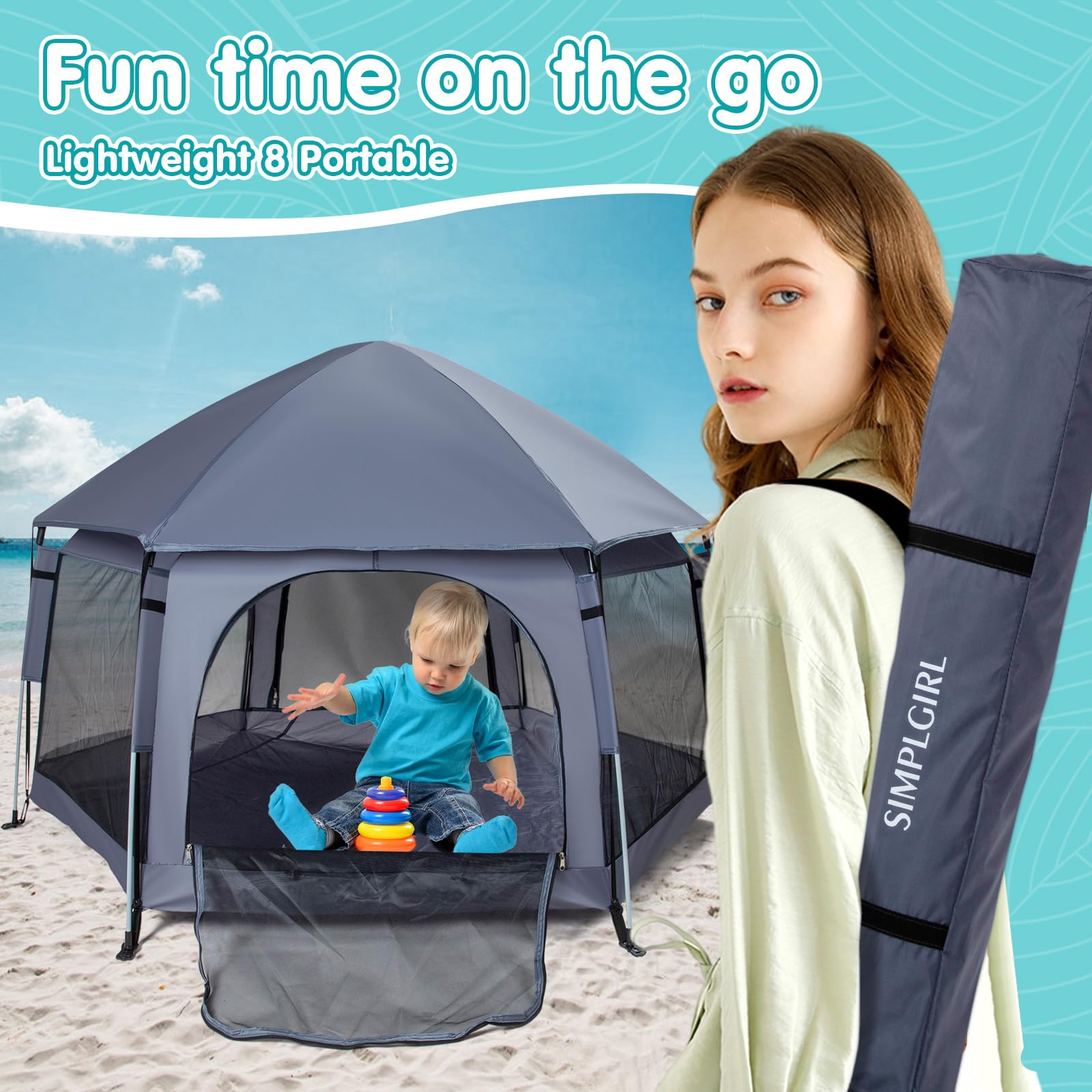 SIMPLGIRL portable toddler playyard fits neatly in a travel bag.
