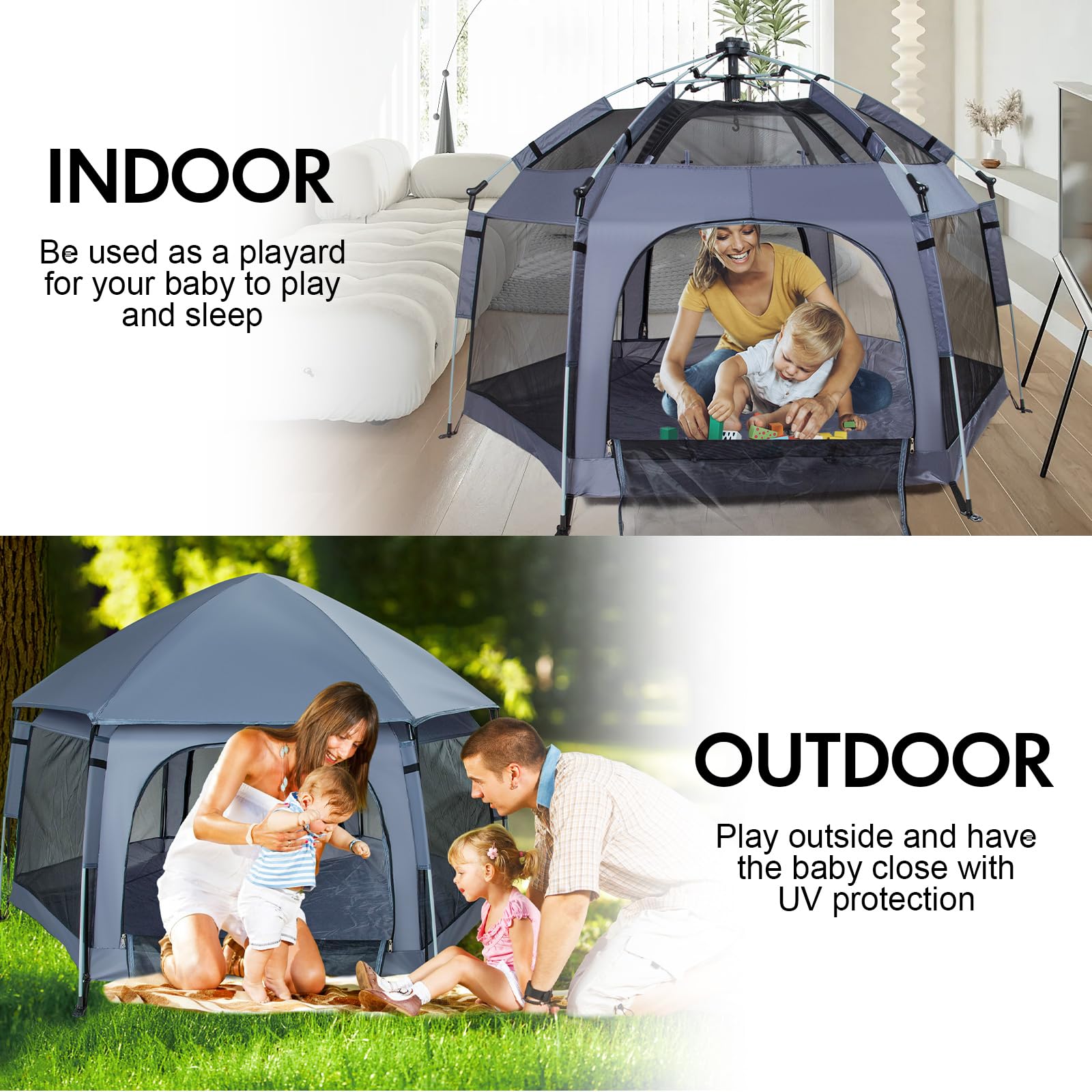 SIMPLGIRL premium playpen in pop-up mode shows quick setup in grey.