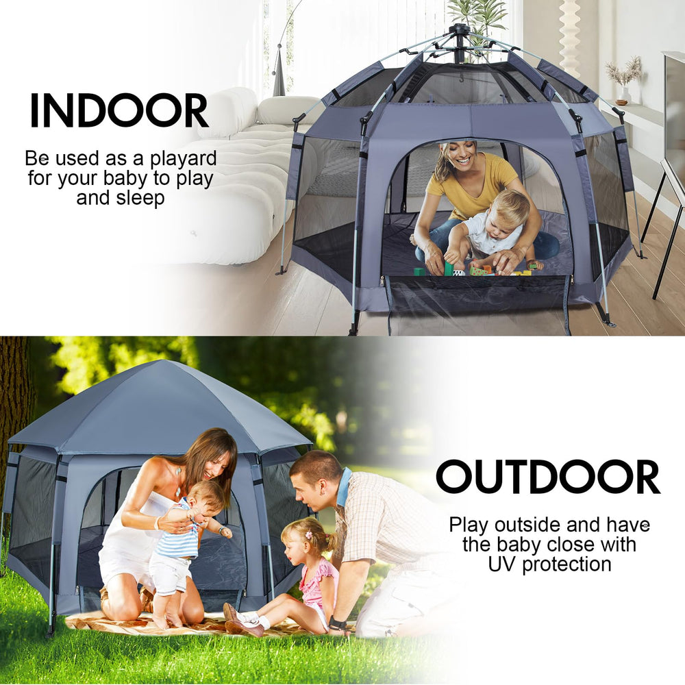SIMPLGIRL premium playpen in pop-up mode shows quick setup in grey.