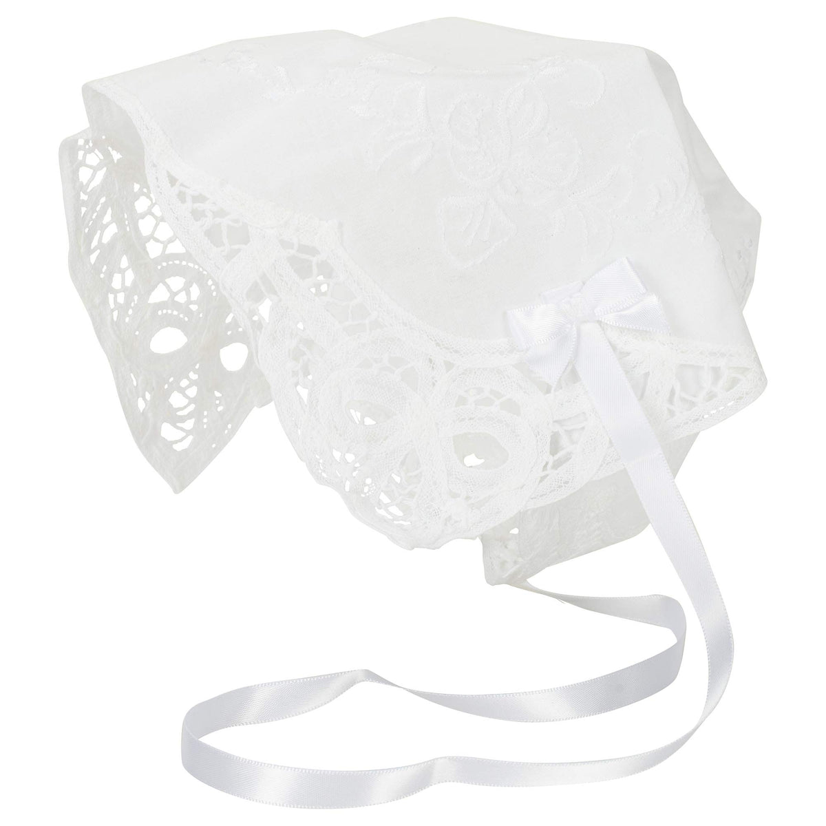 Simply Charming Battenburg bonnet in cotton, a timeless keepsake for cherished homecomings
