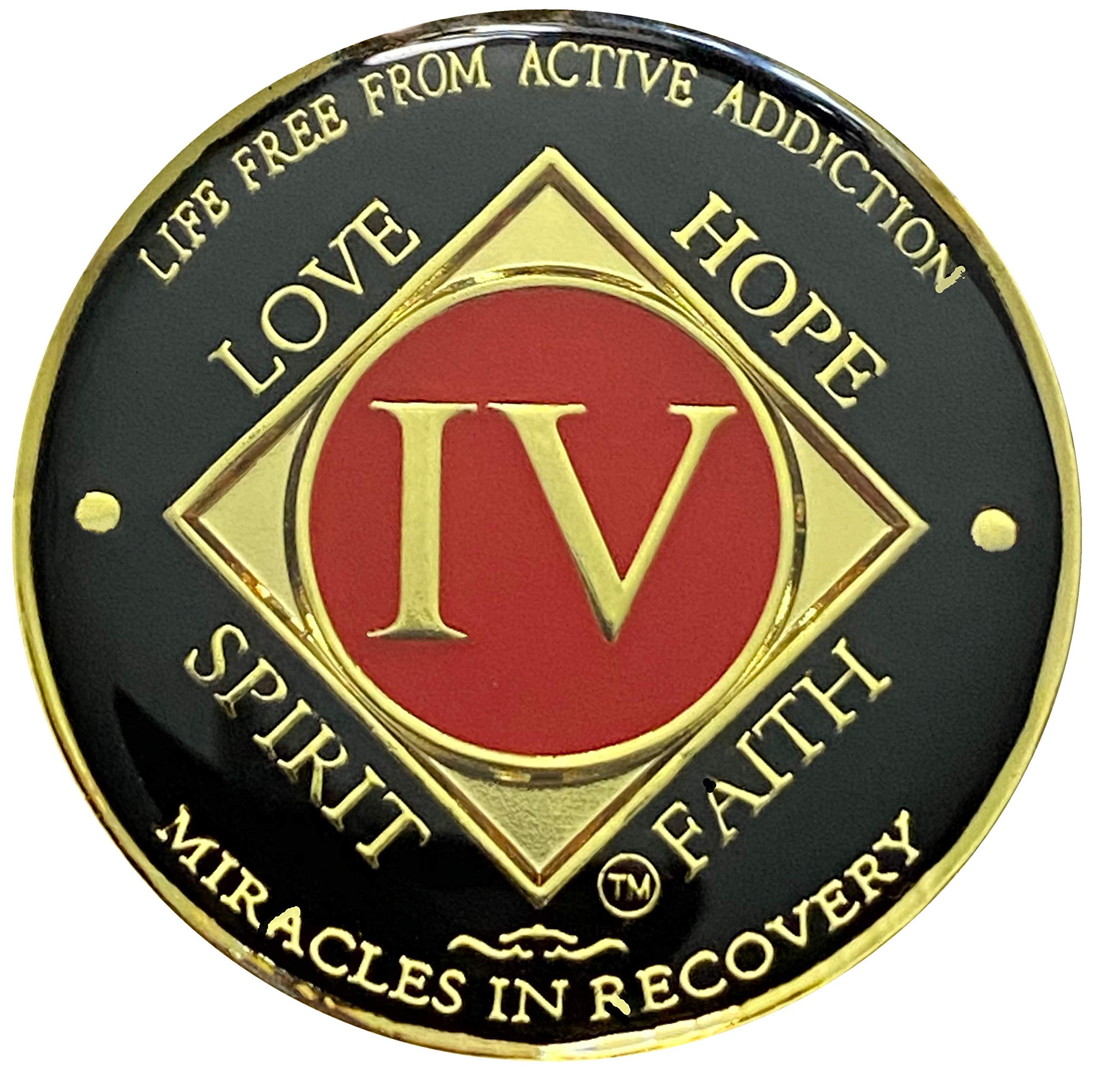 Simply Minimal NA four-year medallion front with gold color plating symbolizing time in recovery