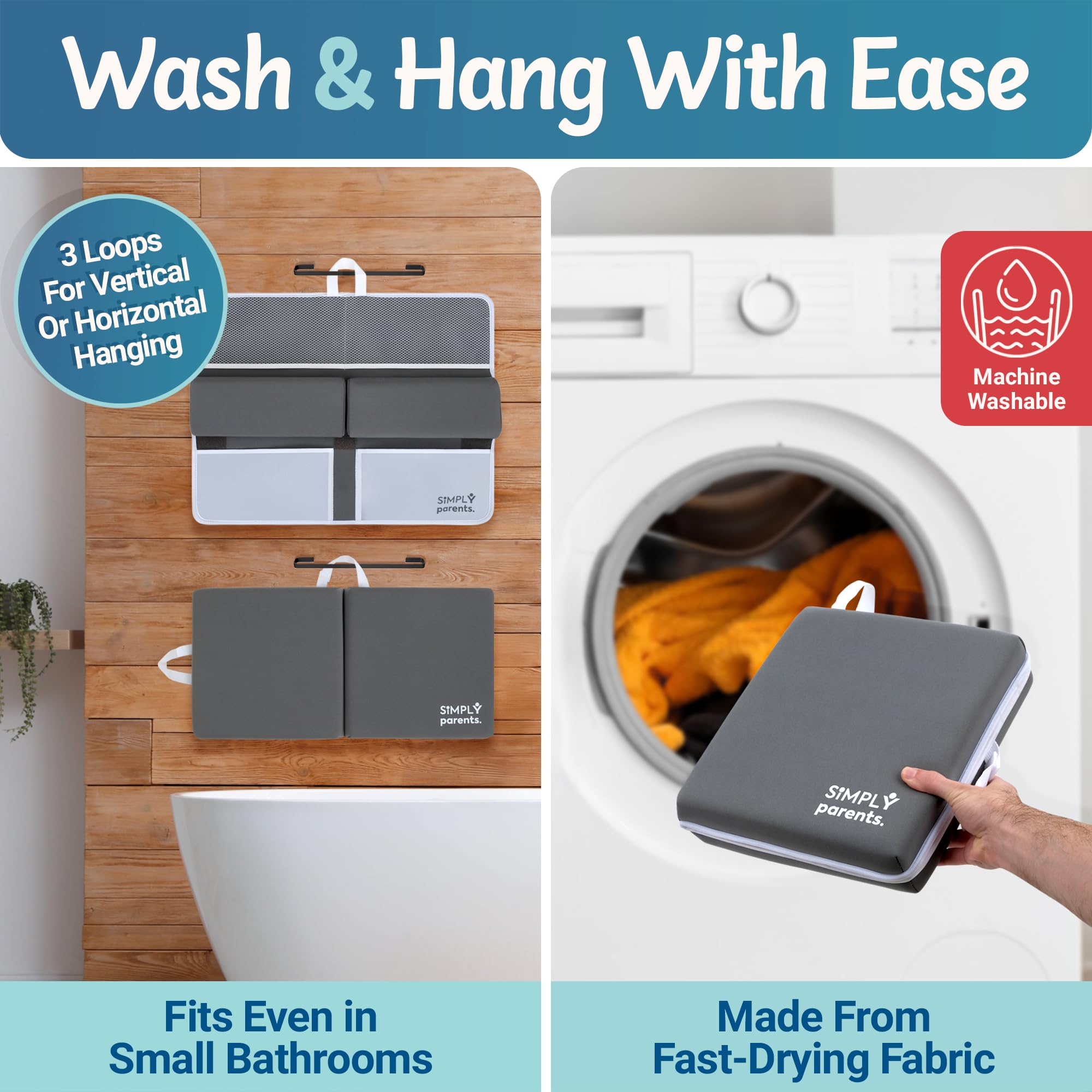 SIMPLY Parents bath-time organizer pockets keep items handy.