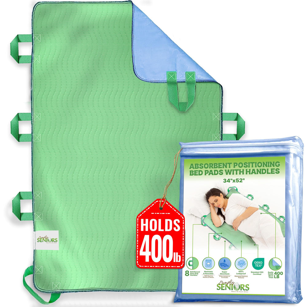 Simply Seniors absorbent bed pad with 8 handles for easy repositioning and enhanced caregiver control.