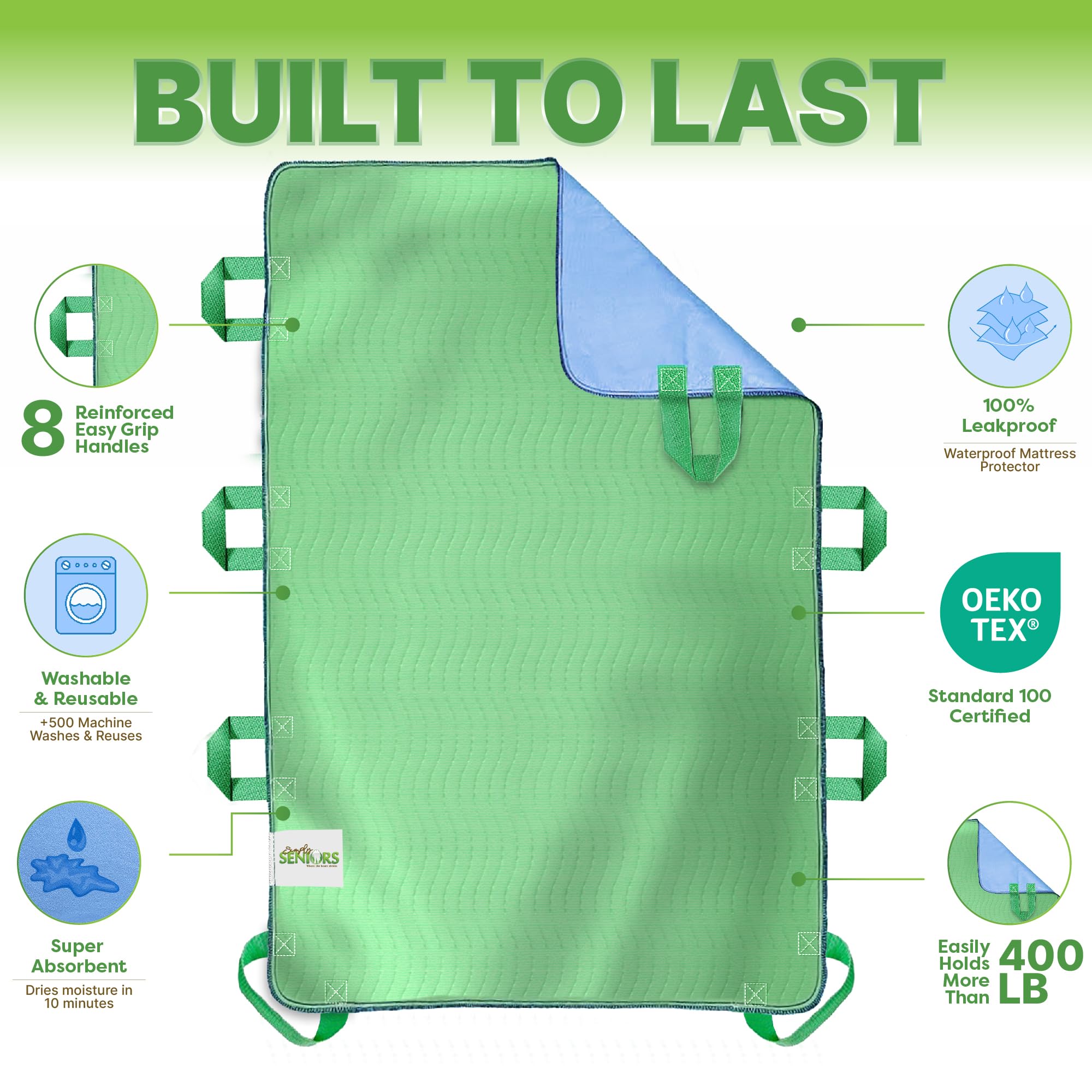 Simply Seniors bed pad with 8 handles side grip view emphasizes secure transfers.