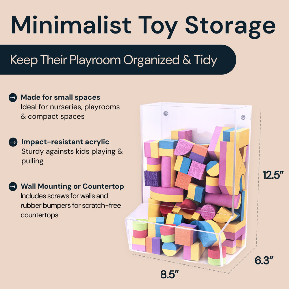 SimplyImagine acrylic wall mount storage shows triple compartments for organized toys.