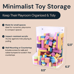SimplyImagine acrylic wall mount storage shows triple compartments for organized toys.