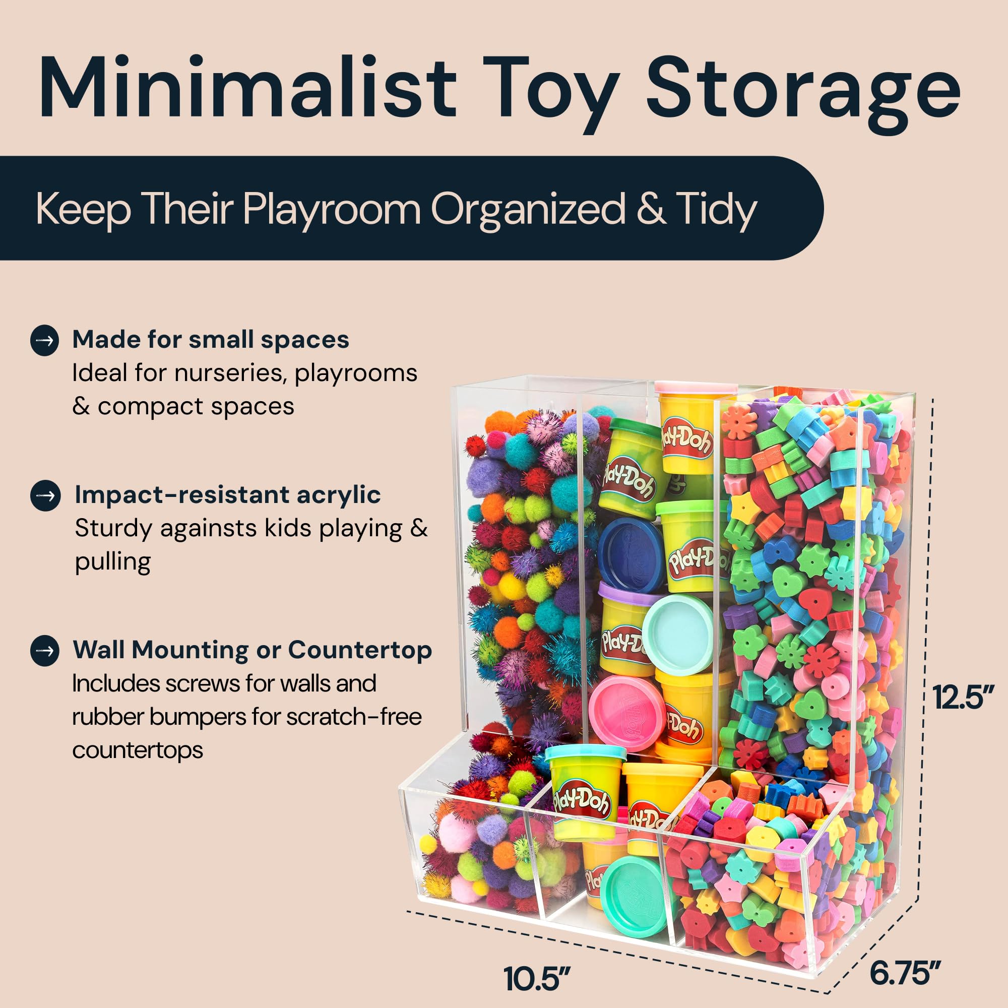SimplyImagine wall-mount toy organizer in clear acrylic for clutter-free play areas.
