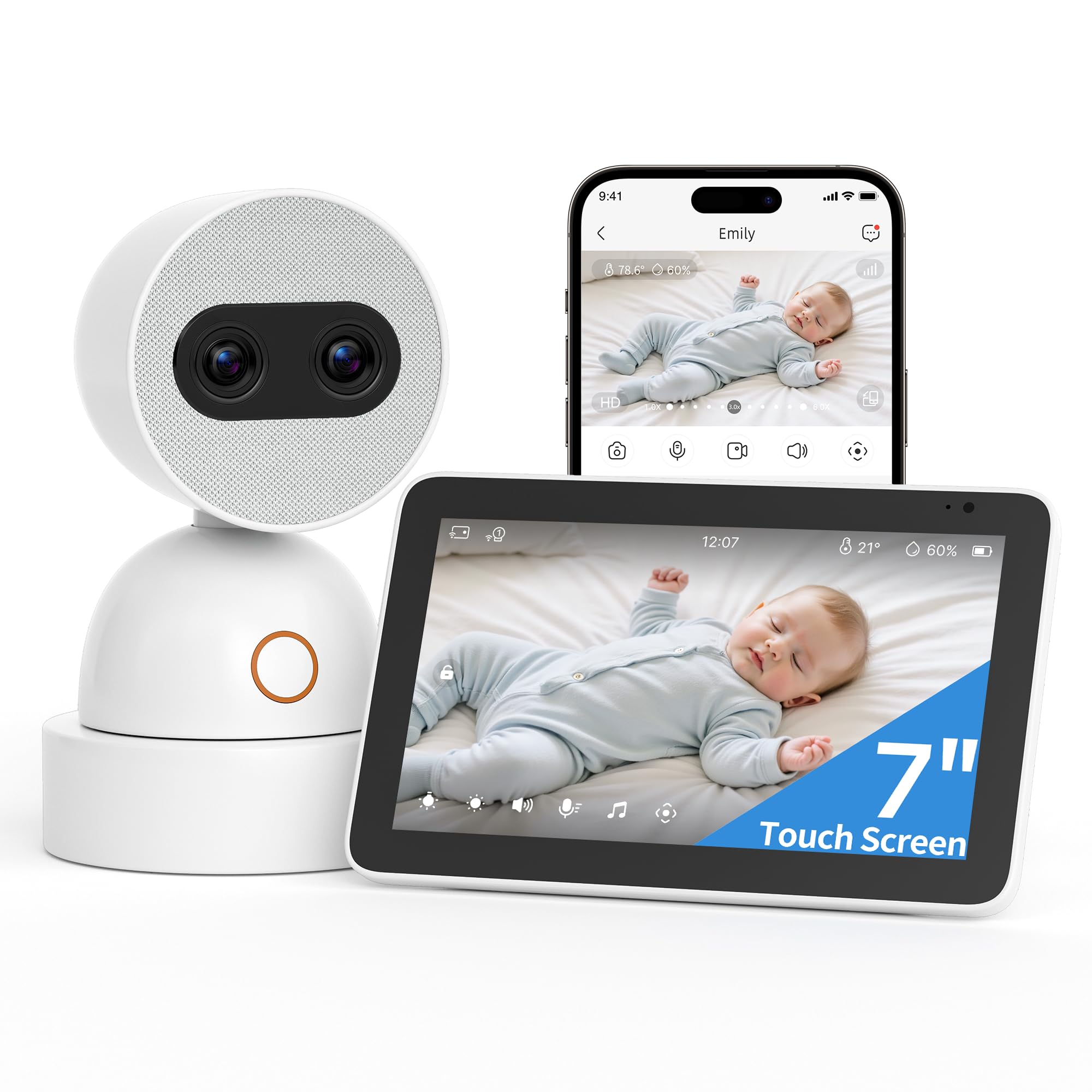 Simsky video baby monitor front view with dual 4MP cameras for detailed monitoring