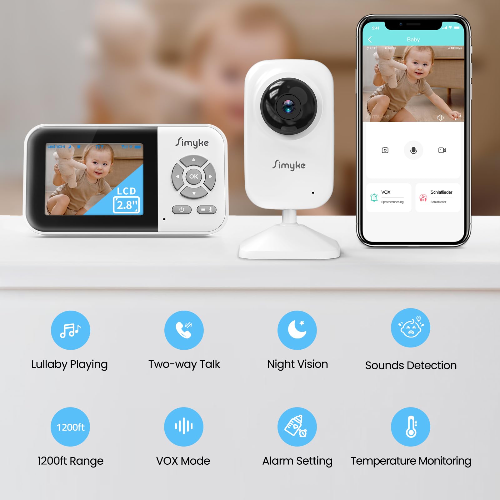 Simyke 2.8-inch display shows a live feed with easy plug-and-play setup