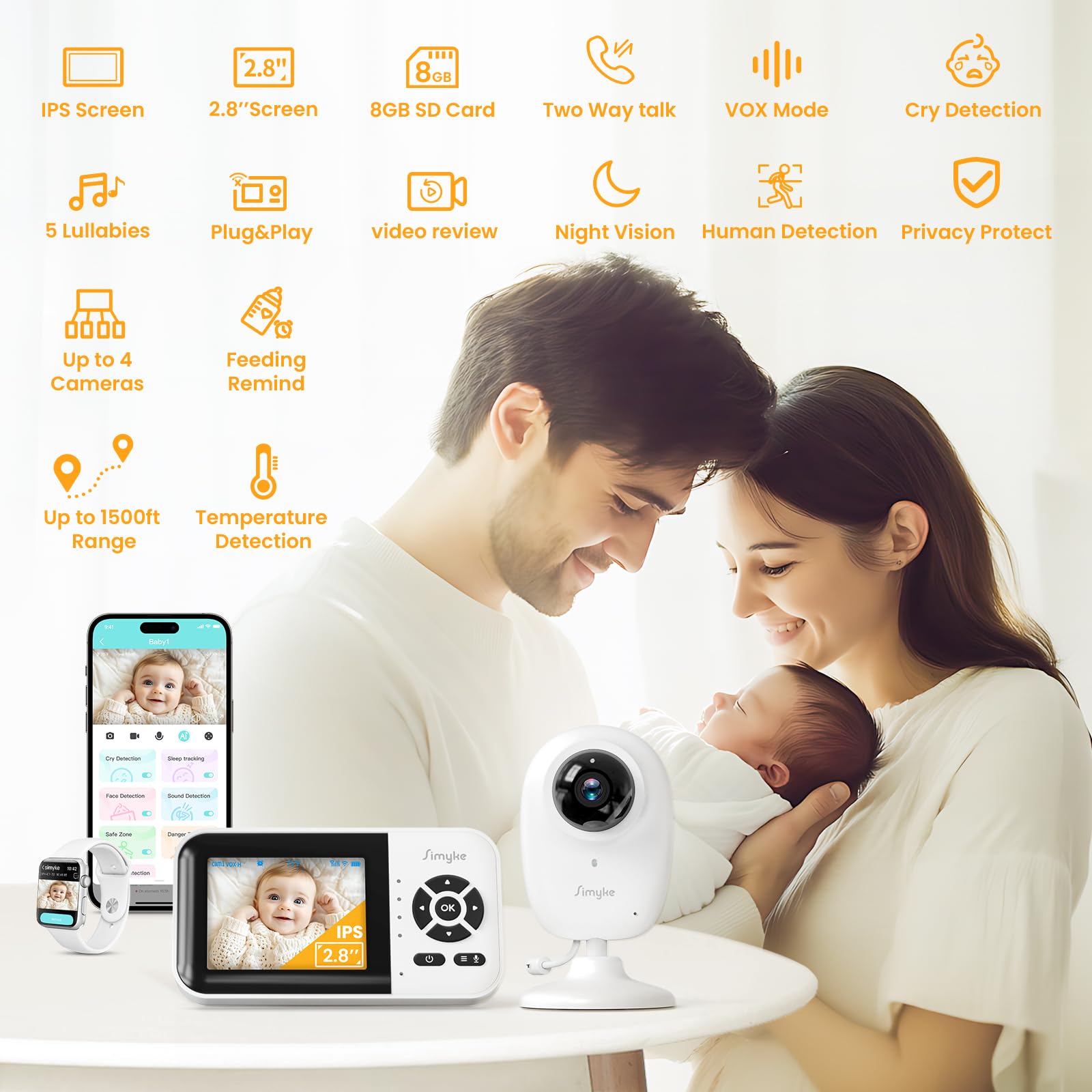 Simyke AI face-tracking camera highlights baby position with alerts