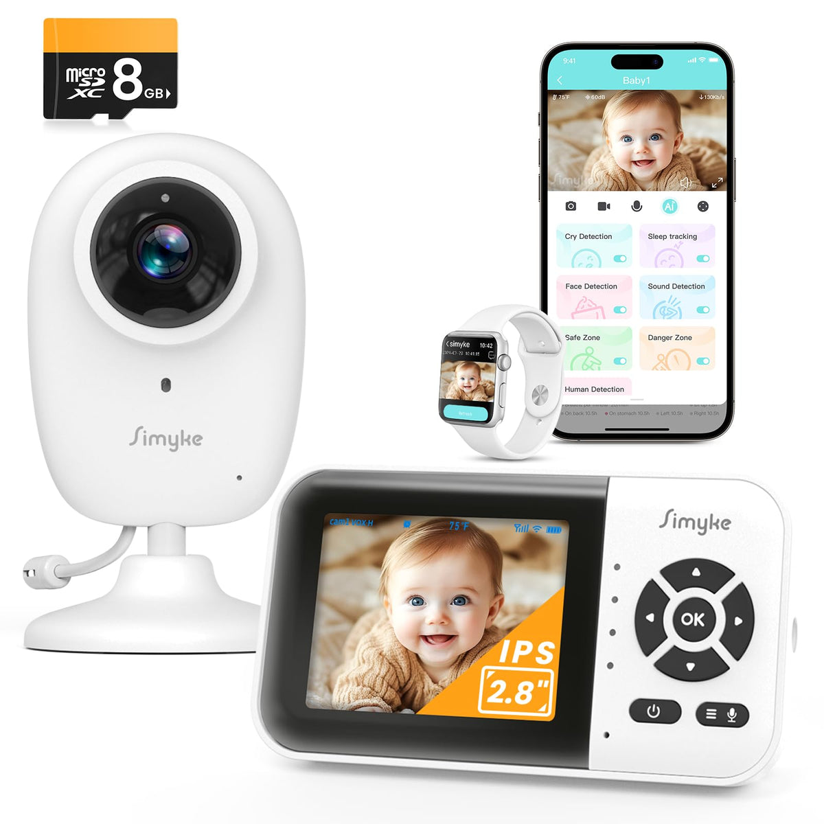 Simyke Smart Baby Monitor display shows real-time viewing