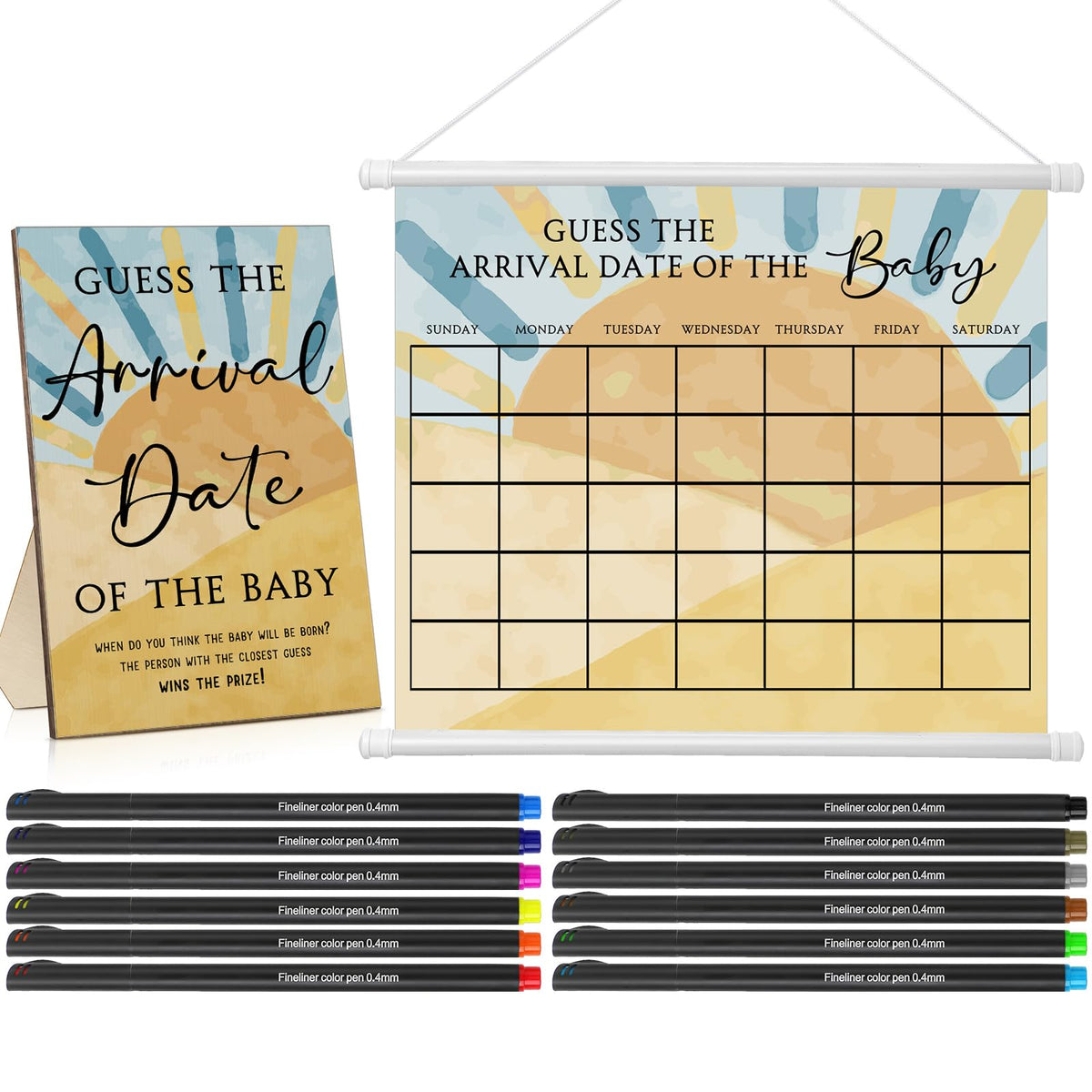 Sintuff baby shower guess due date calendar with sun design decor for a memorable party