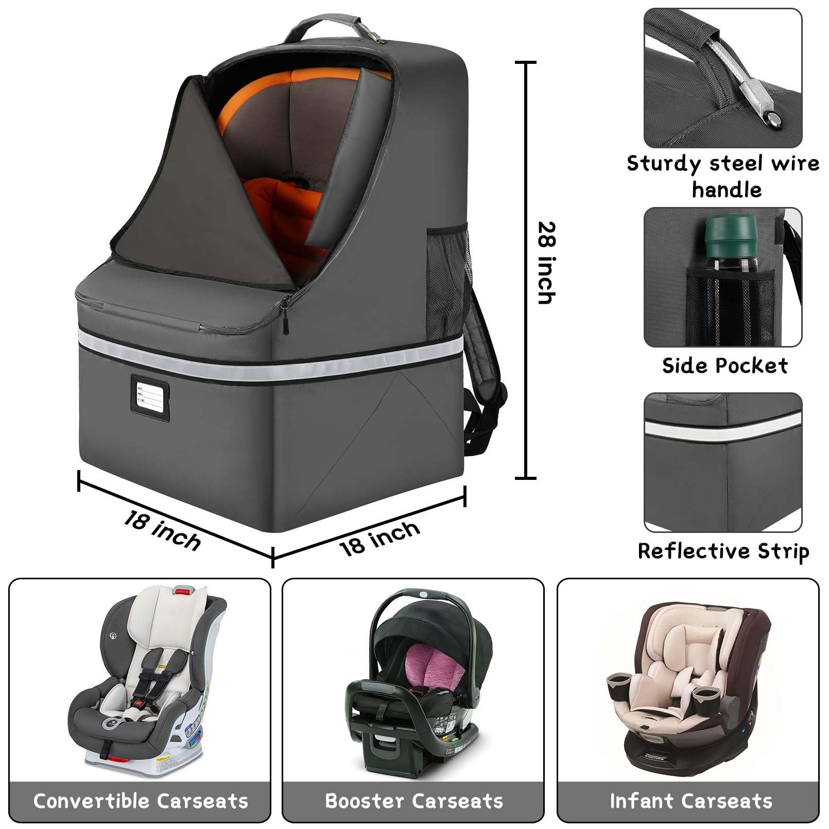 SINVICKO car seat bag showing steel cable handle for one-handed carrying.