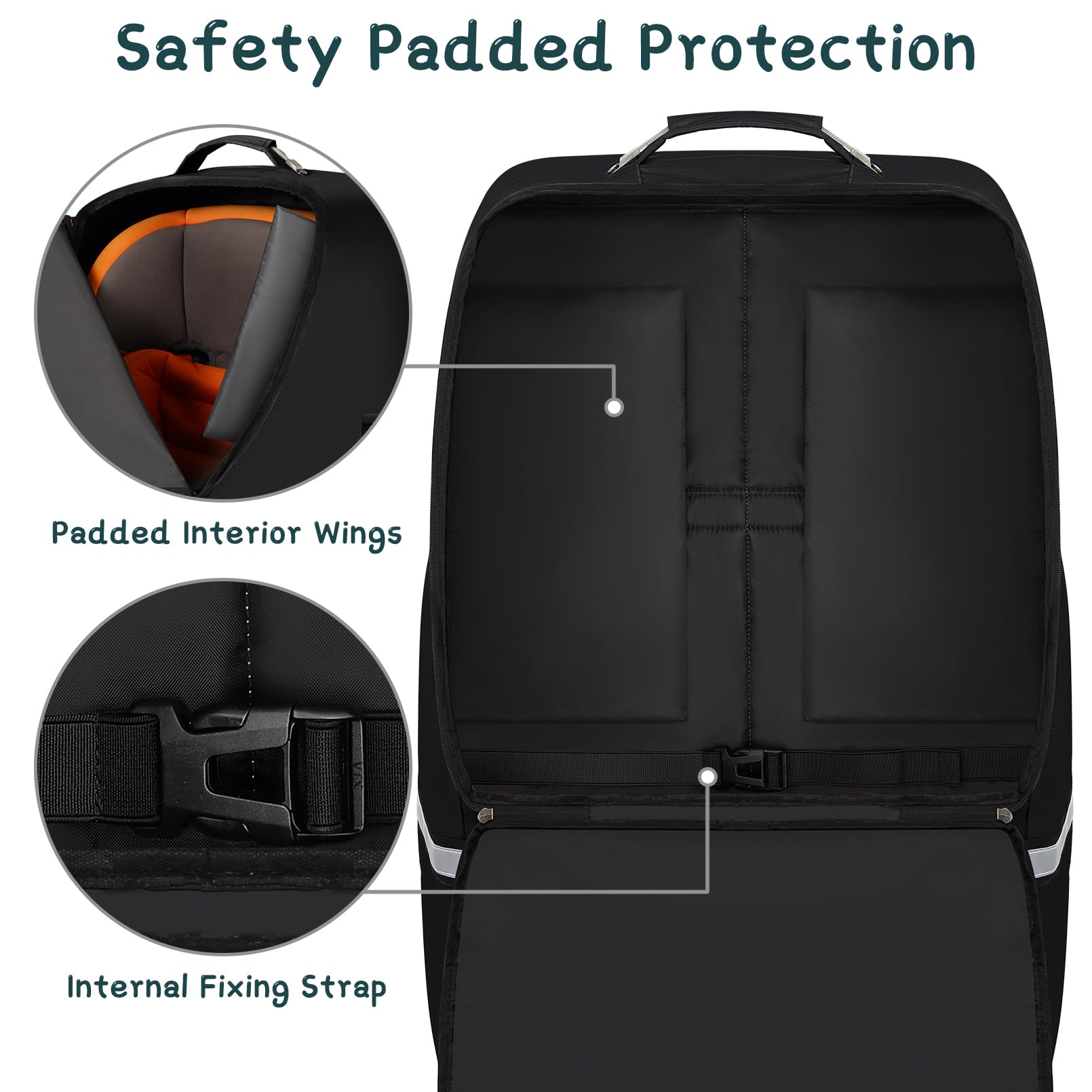 Padded interior cushions the infant car seat during flights and car rides