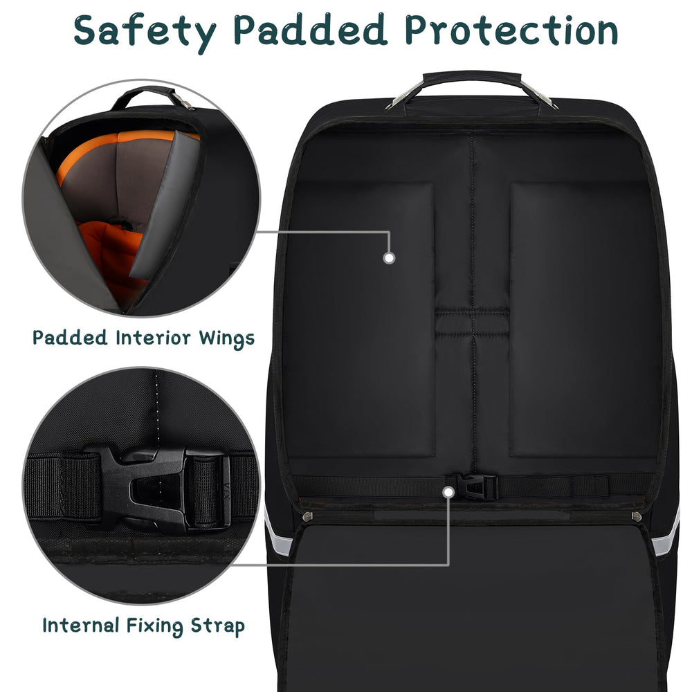 Padded interior cushions the infant car seat during flights and car rides