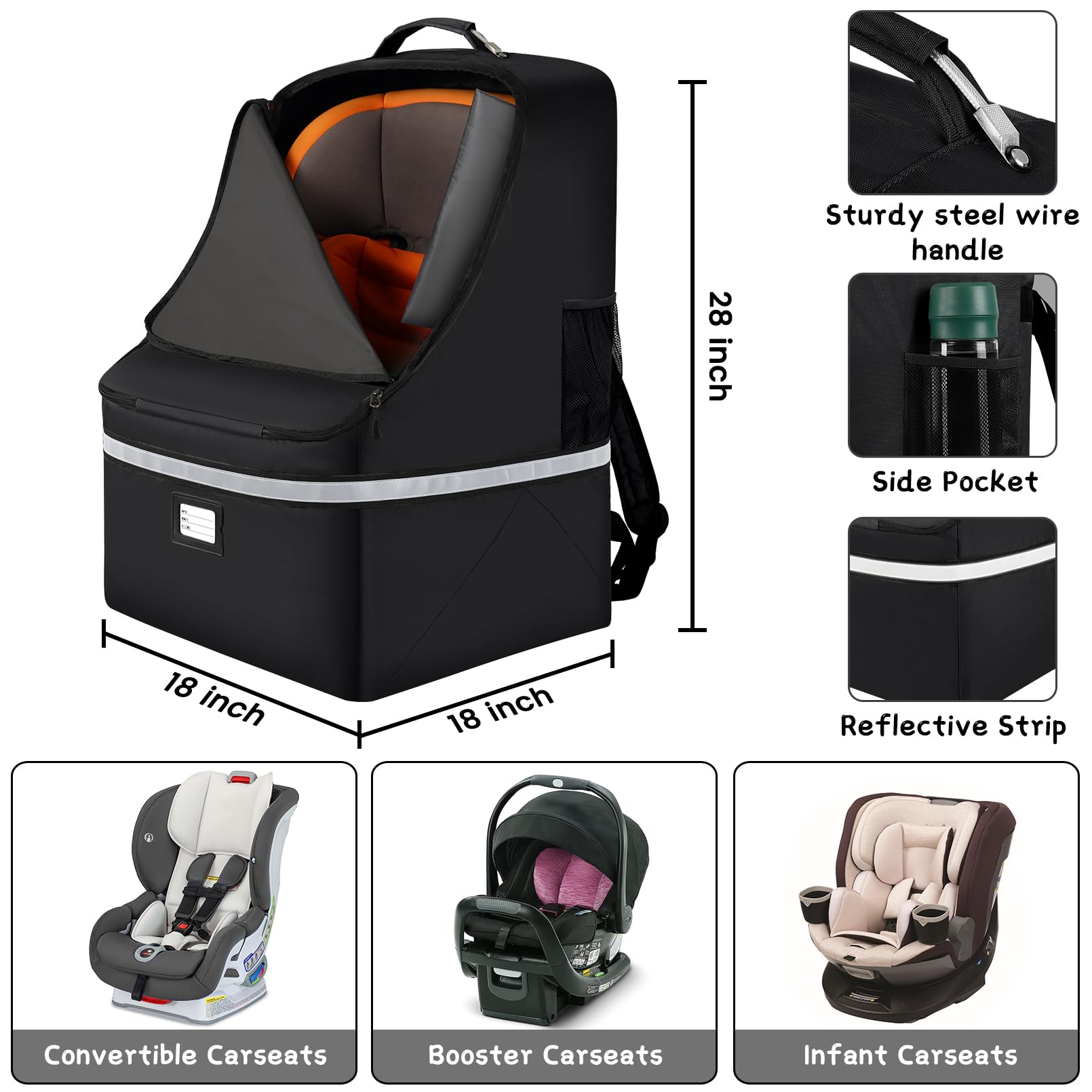SINVICKO bag shows reflective stripes for safer night travel with a baby seat