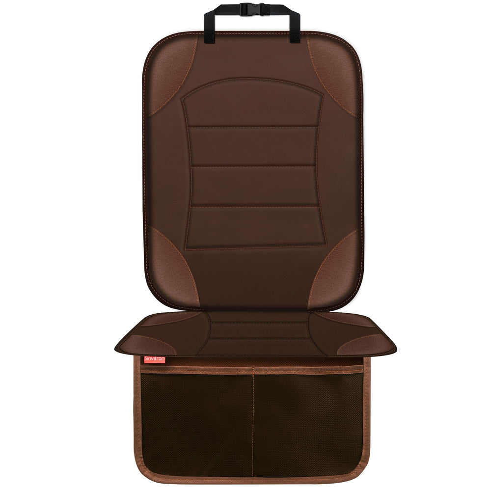 Sinvitron brown car seat protector front view shields seats from scuffs and spills.