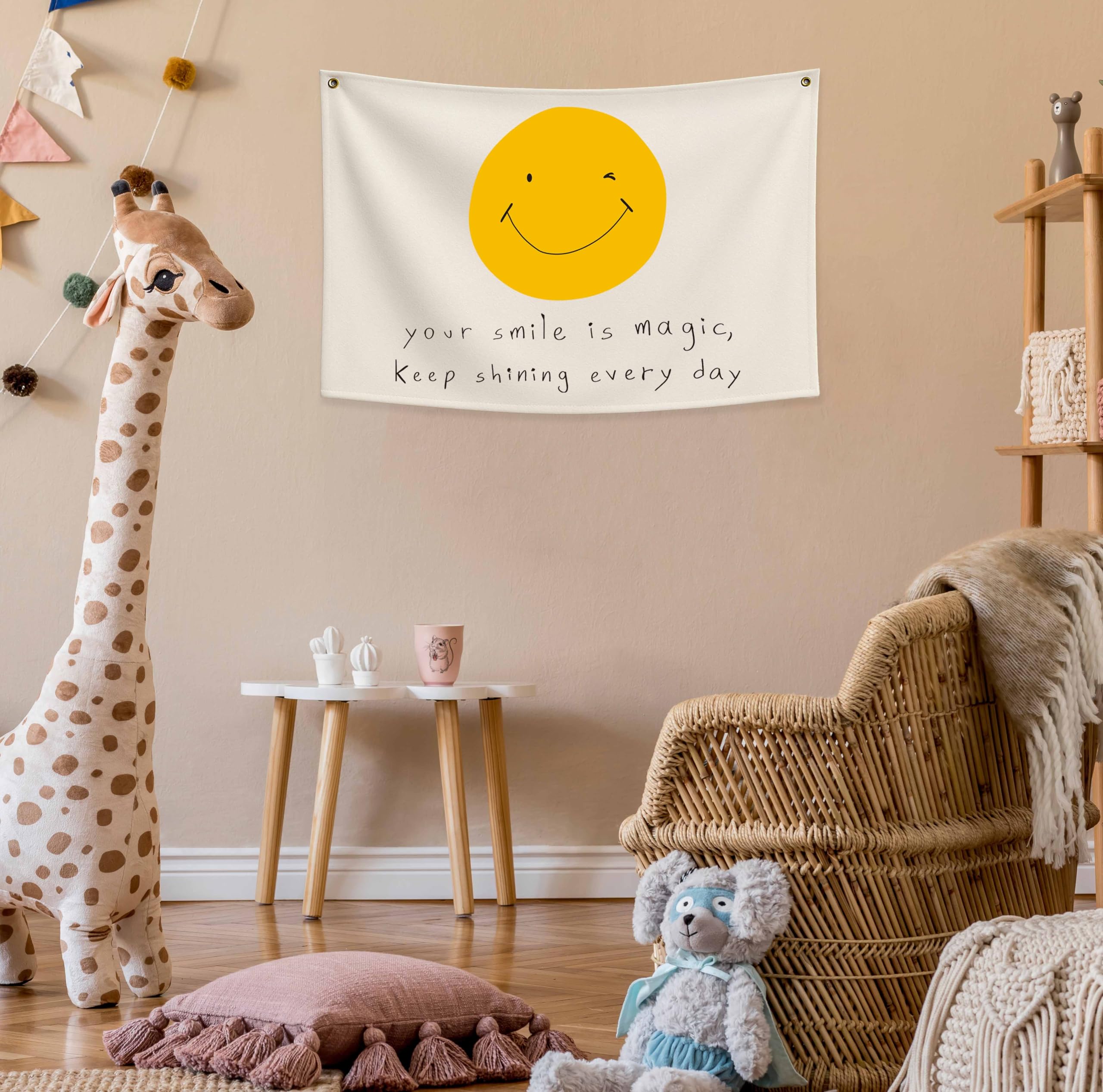 Sioial banner flag decor in a playful playroom setting