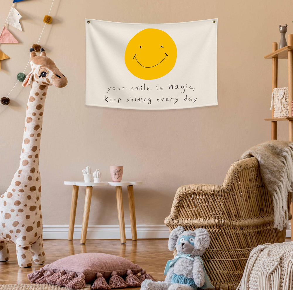 Sioial banner flag decor in a playful playroom setting