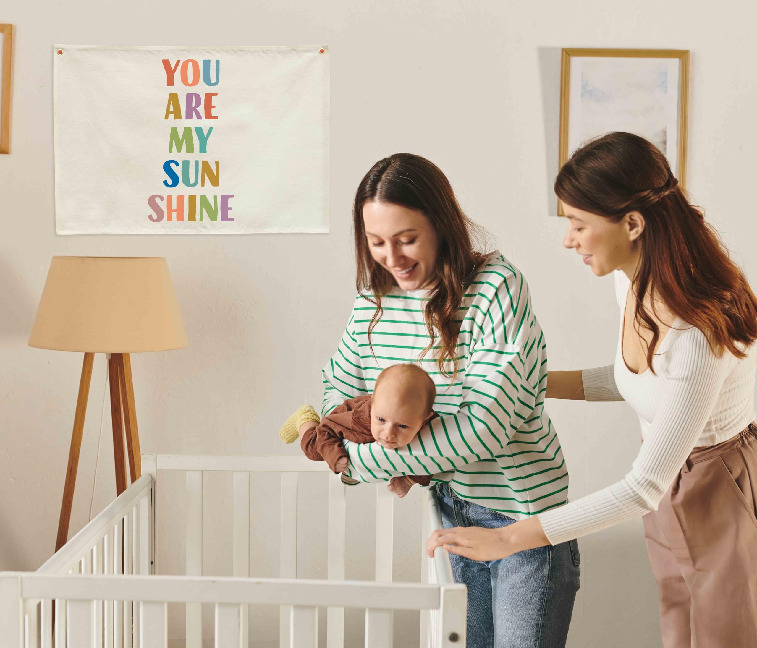 Sioial You Are My Sun Shine banner flag hanging over crib for cozy nursery focal point