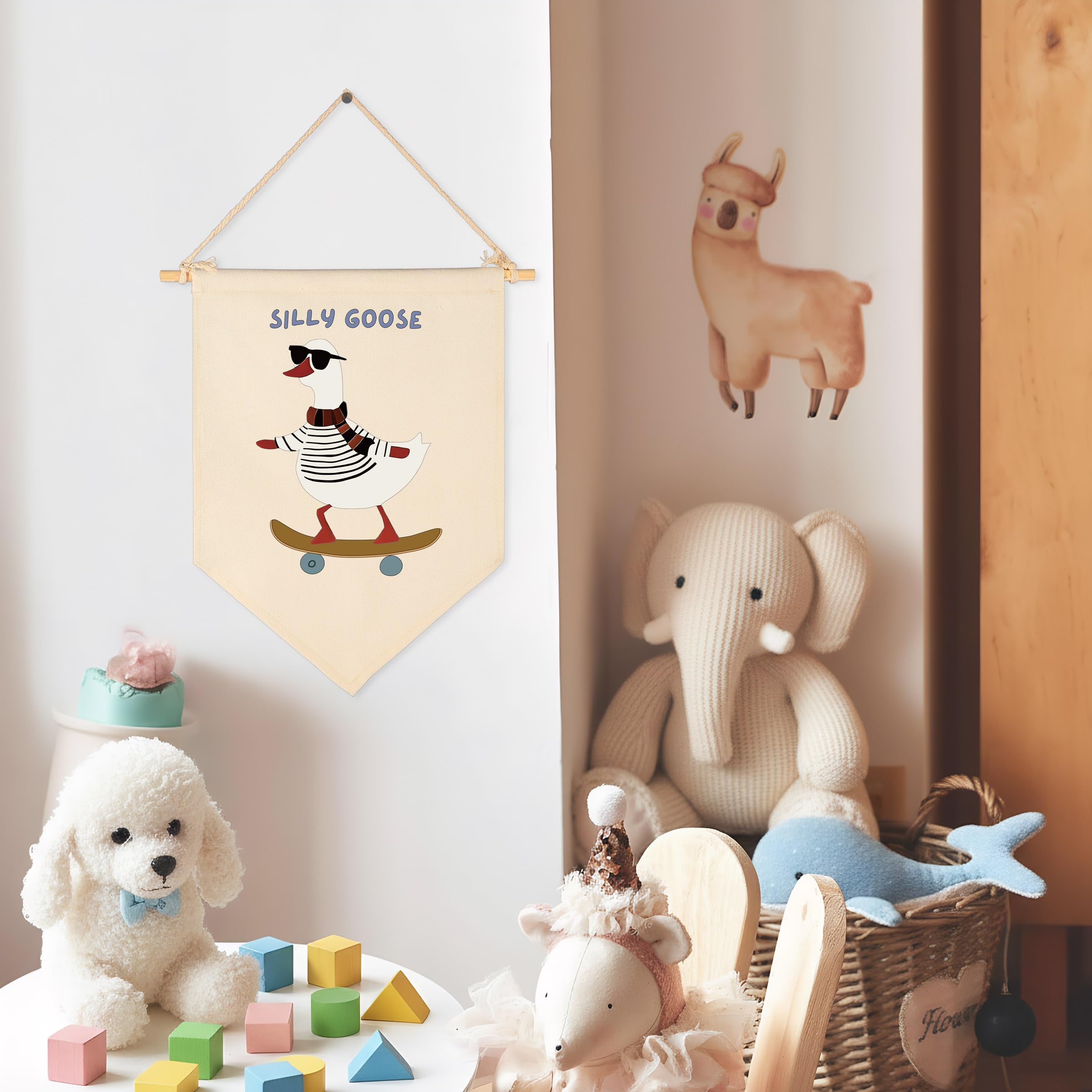 Sioial banner hanging setup with twine and wood stick for easy wall display.