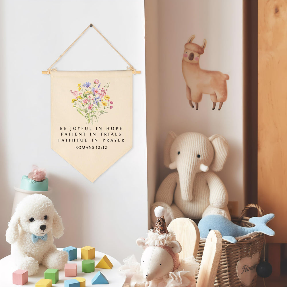 Sioial Be Joyful in Hope banner as wall art for spaces.