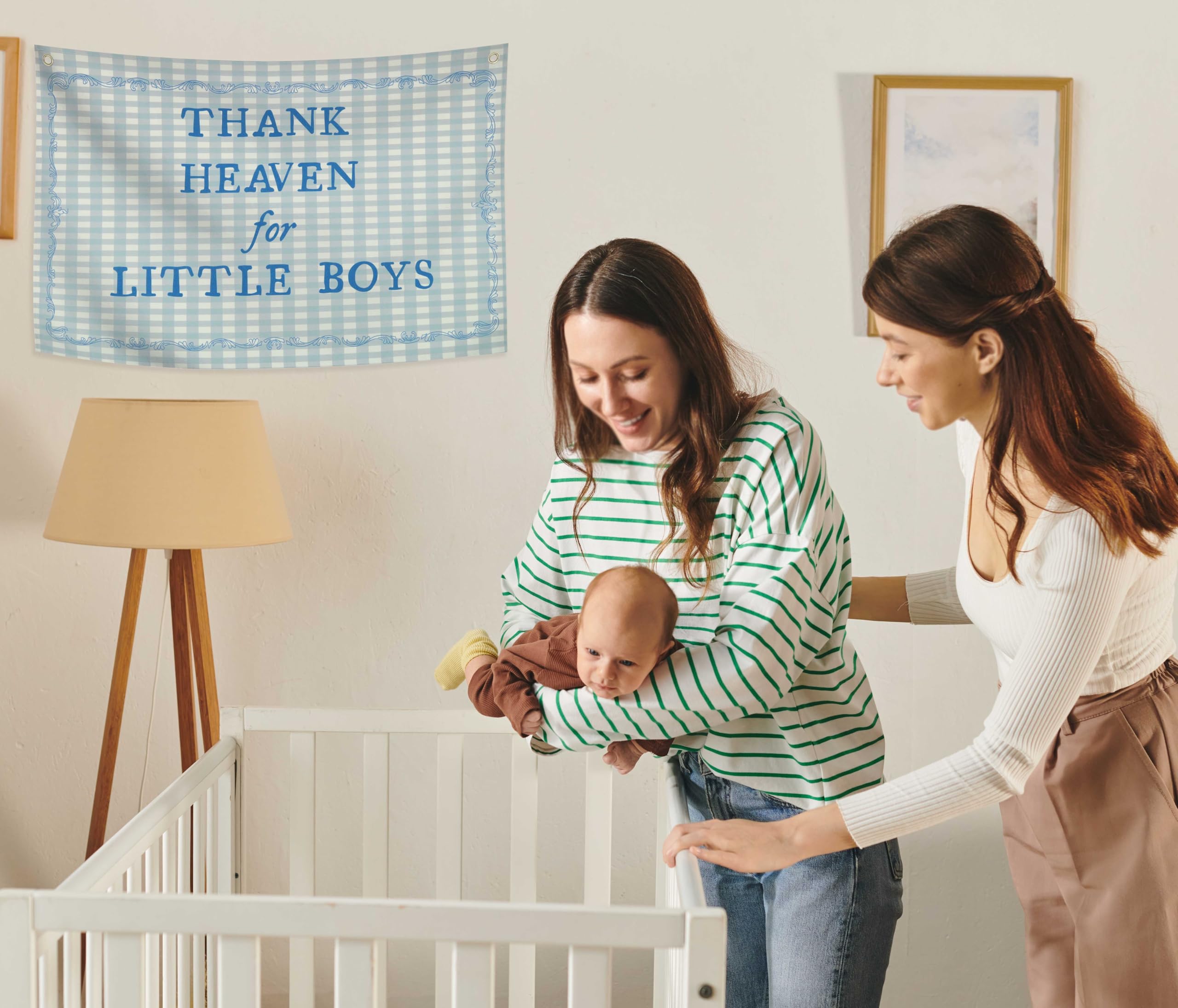 Sioial beige nursery banner hanging with metal grommets for quick setup.