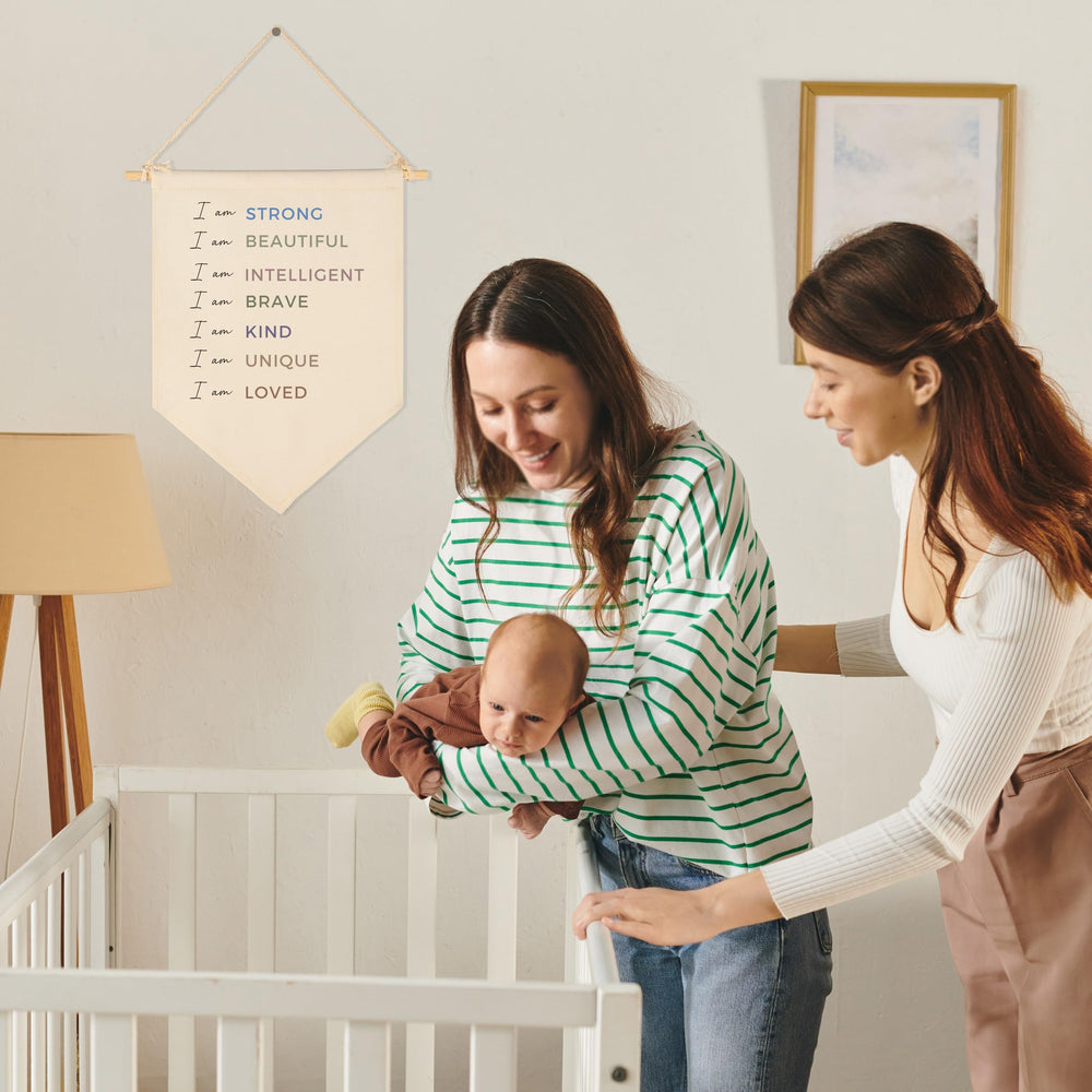 Sioial canvas hanging flag in beige decor for baby room and reading spaces.