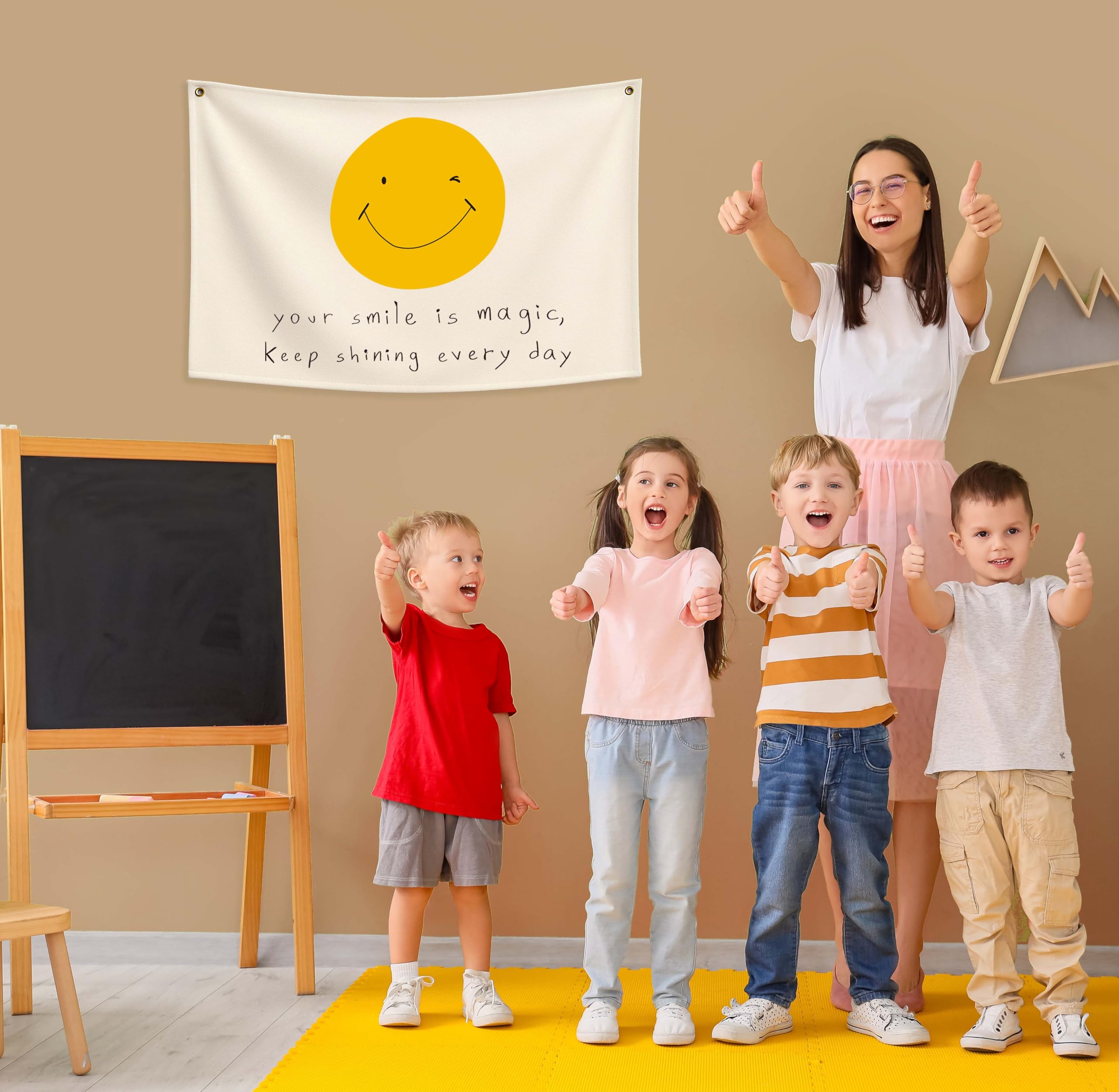 Sioial flag banner enhances bedroom decor with beige tones