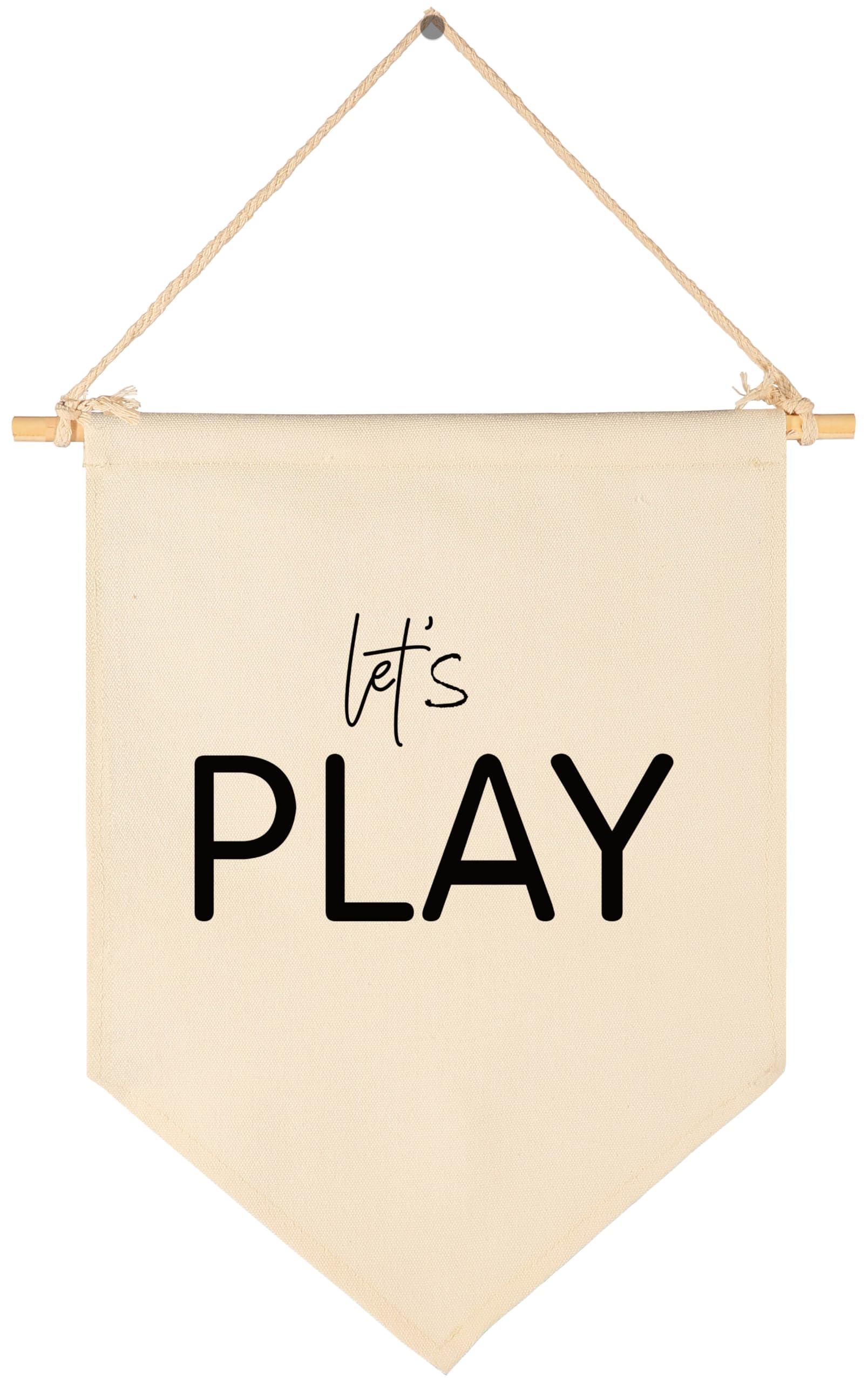 Sioial Lets Play banner hanging above crib adds playful nursery charm.