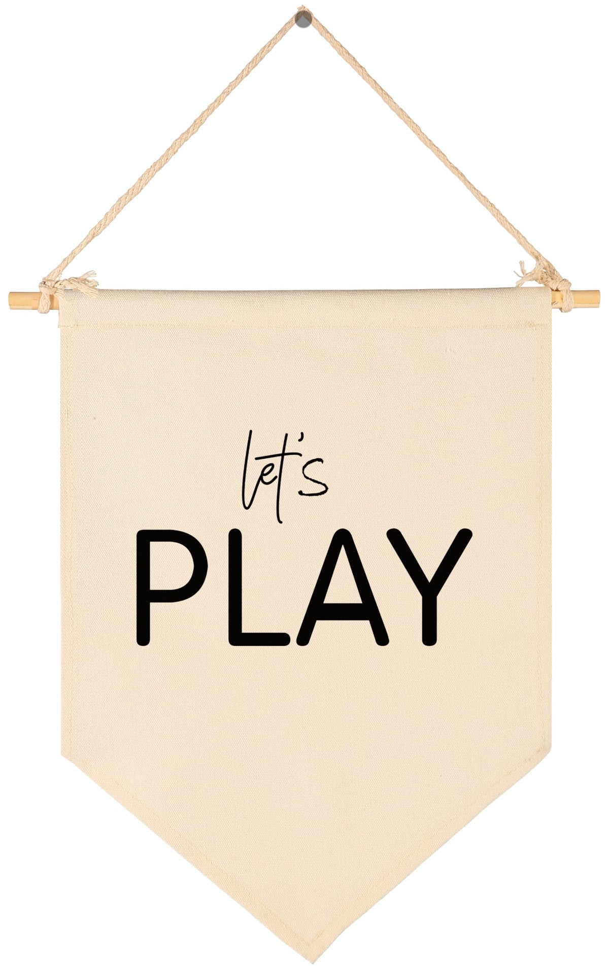 Sioial Lets Play banner hanging above crib adds playful nursery charm.