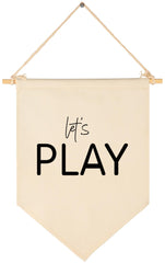 Sioial Lets Play banner hanging above crib adds playful nursery charm.