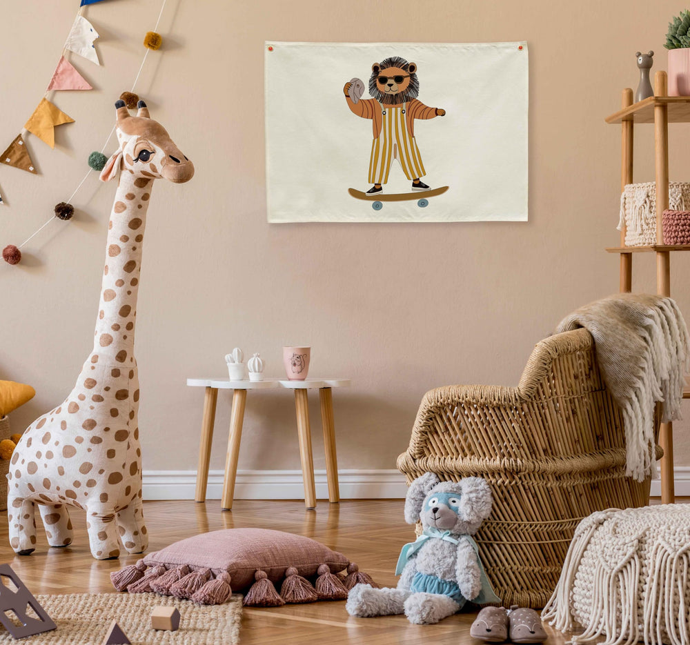 Sioial Lion Skateboarding Canvas Wall Decor brightens the nursery or playroom.