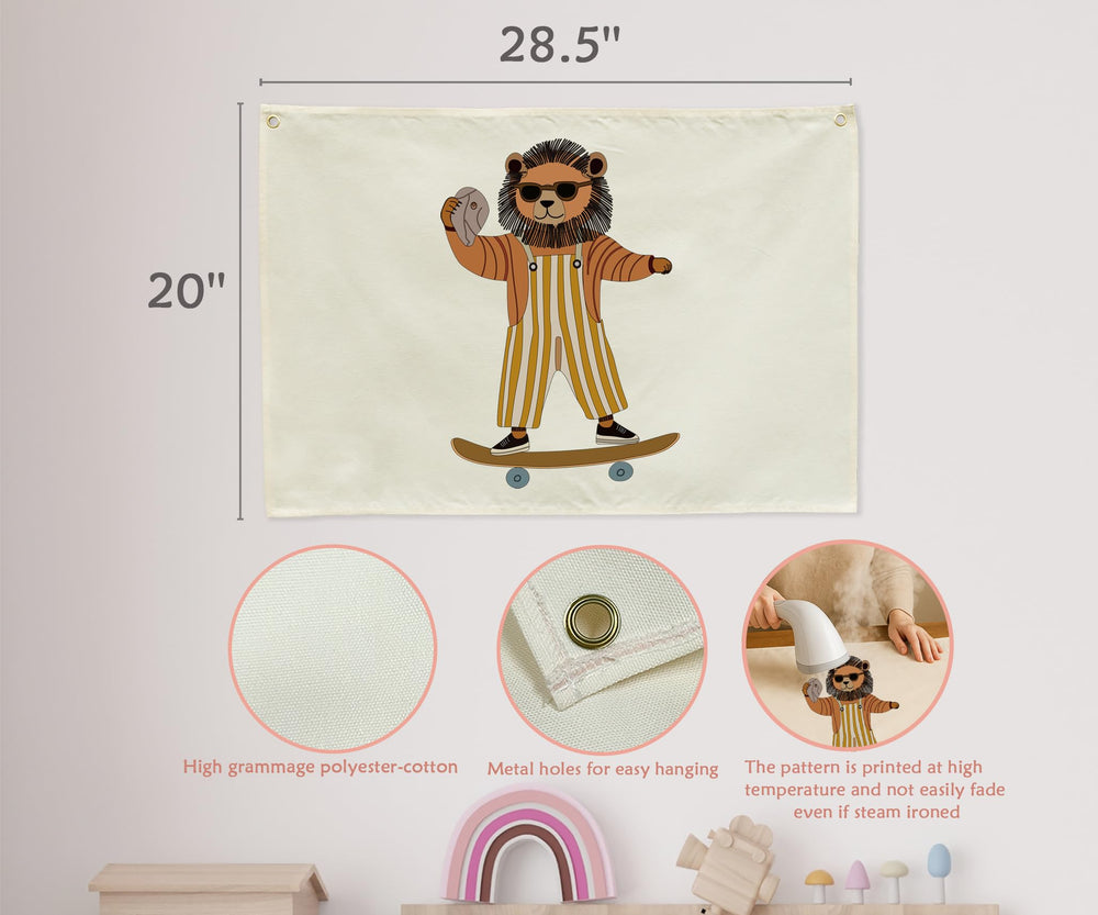 Sioial Lion Skateboarding Banner decor ideal above cribs or doorways in kids' rooms.
