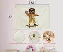 Sioial Lion Skateboarding Banner decor ideal above cribs or doorways in kids' rooms.