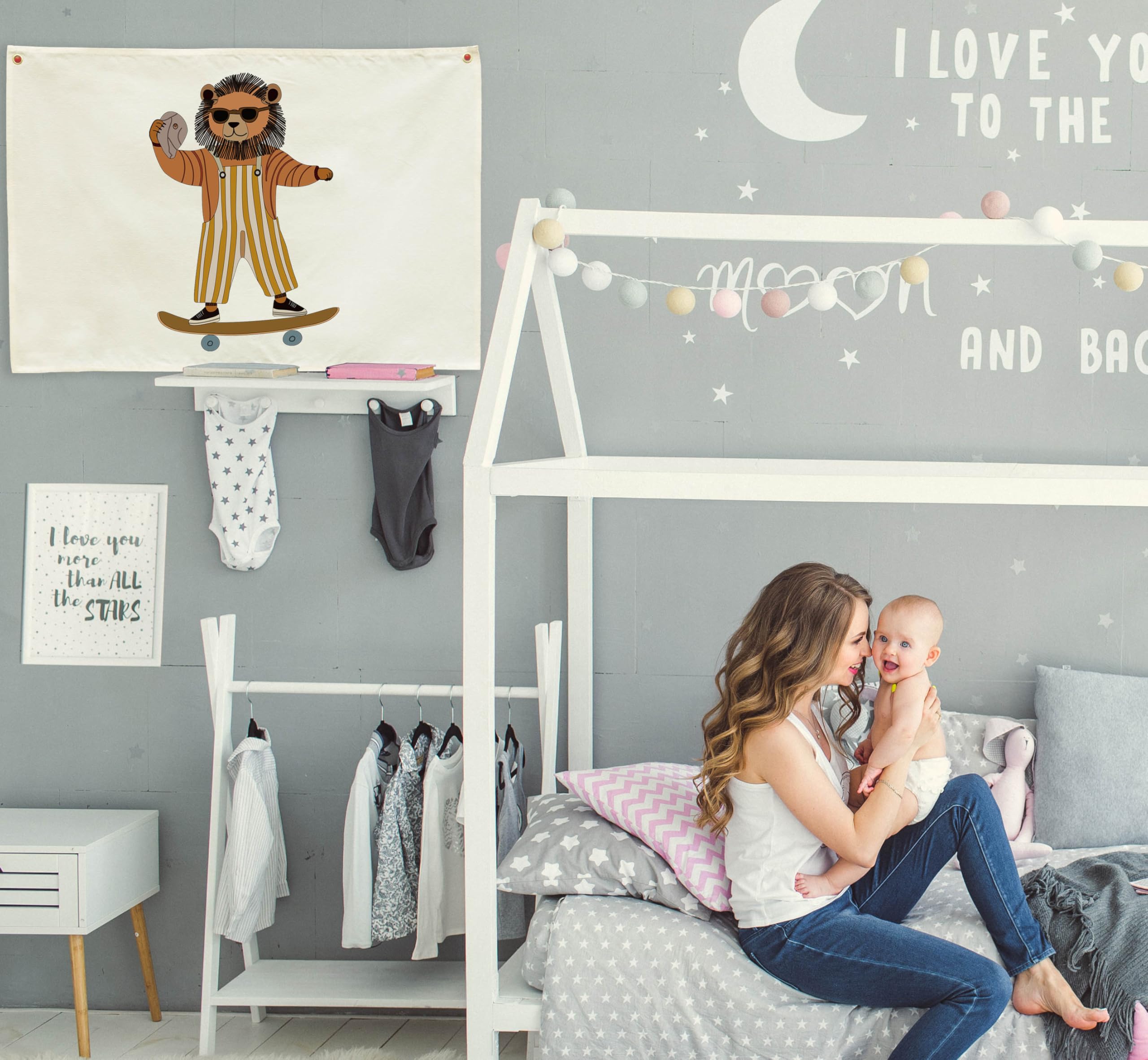 Sioial Lion Skateboarding Nursery Banner supports a friendly learning vibe in reading nooks.