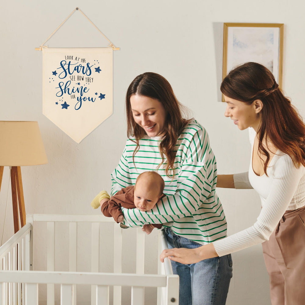 Sioial Look At The Stars banner closeup stitching shows durable fabric detail.