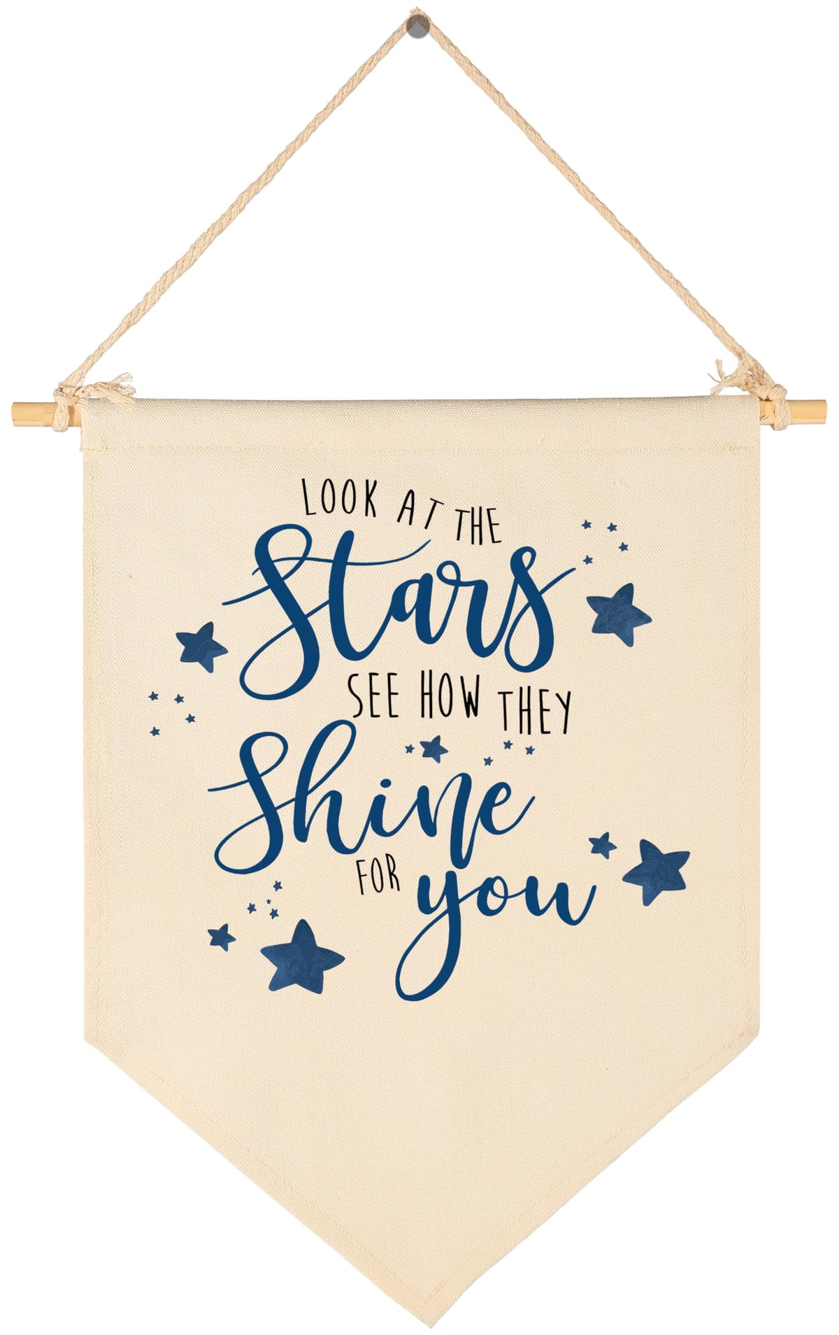 Sioial Look At The Stars banner hanging above crib for cozy nursery decor.