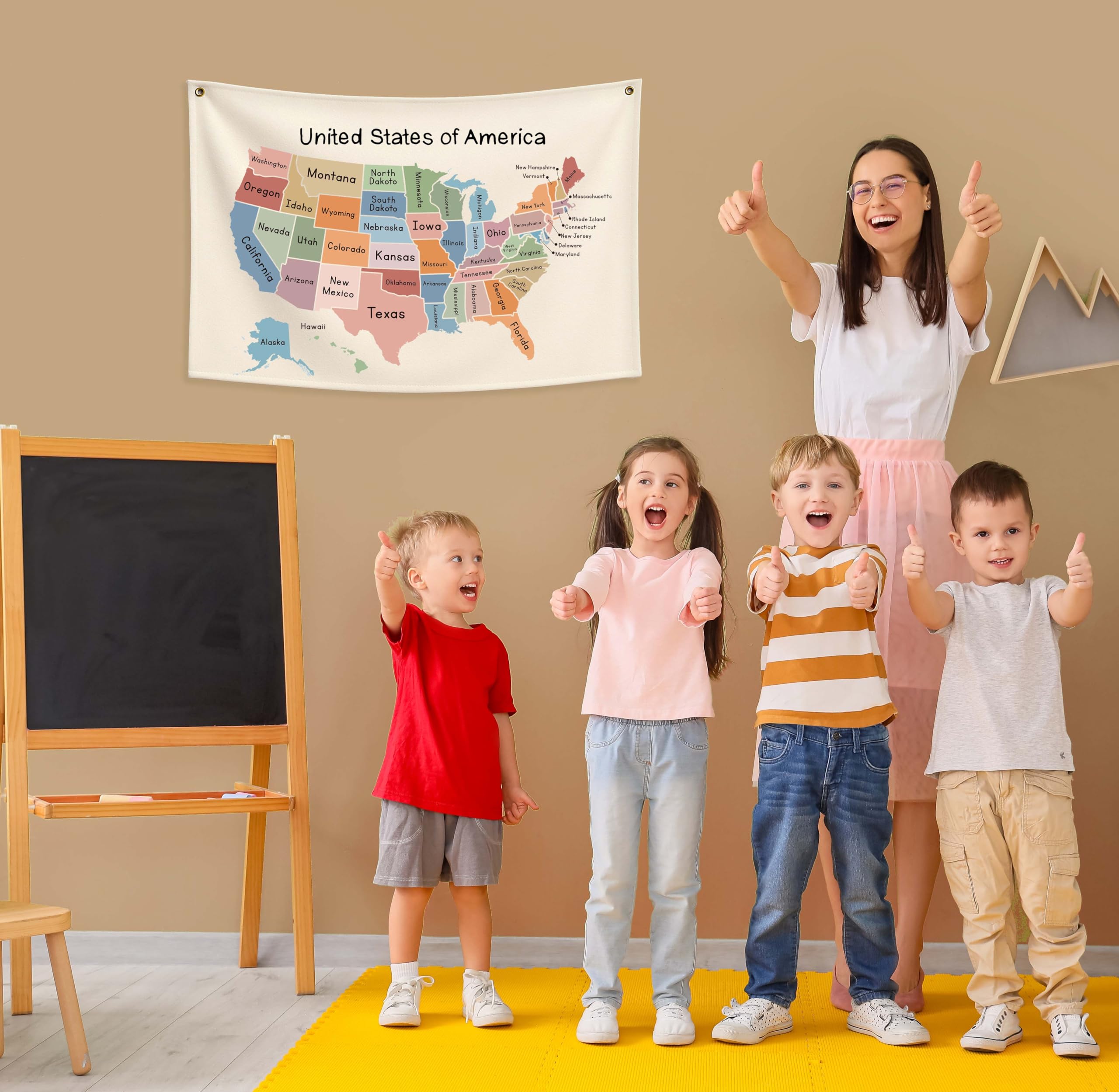 Sioial map theme wall banner as baby shower decor, neutral tone