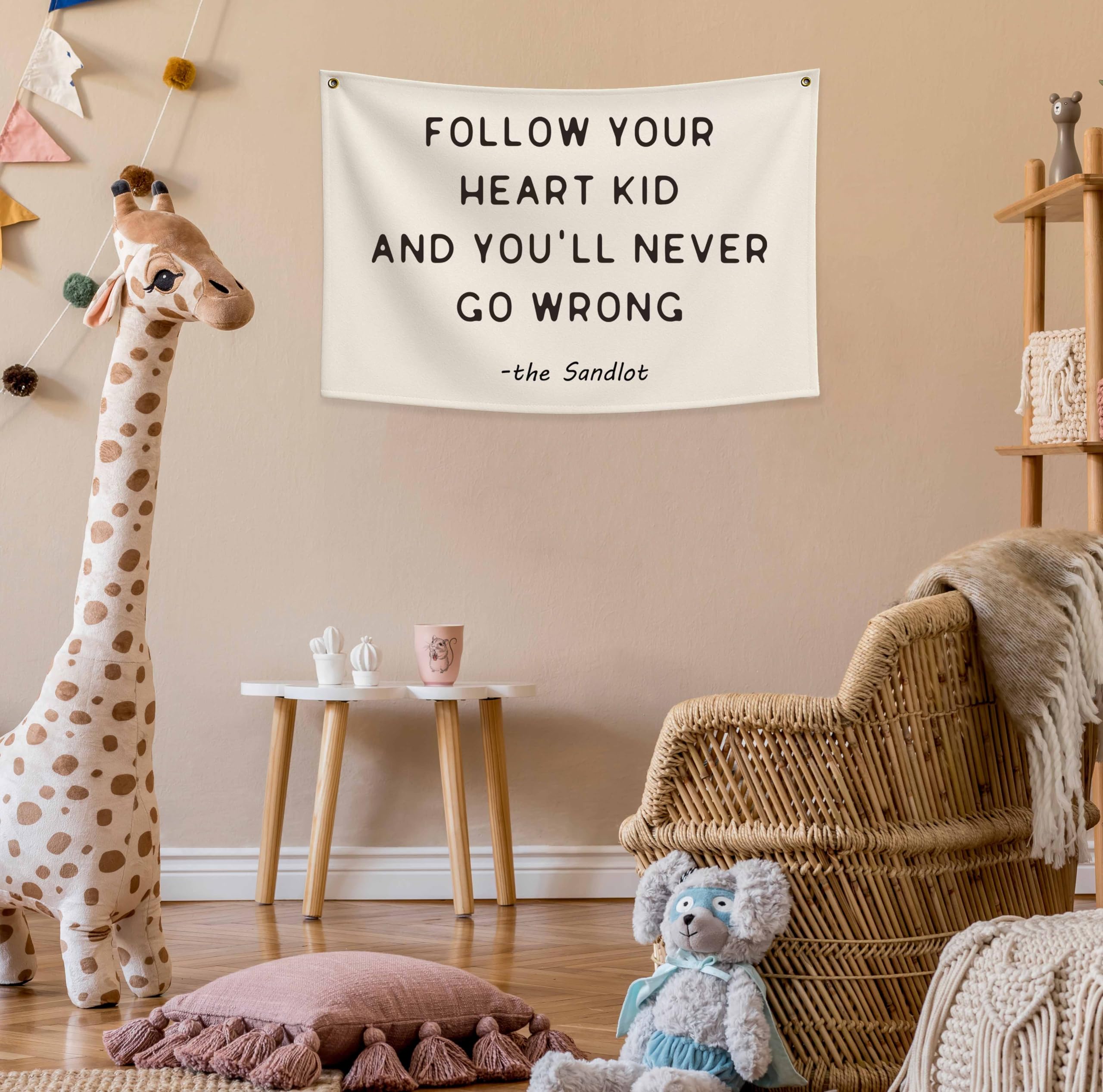 Sioial banner flag beige displayed in a reading nook or bedroom.