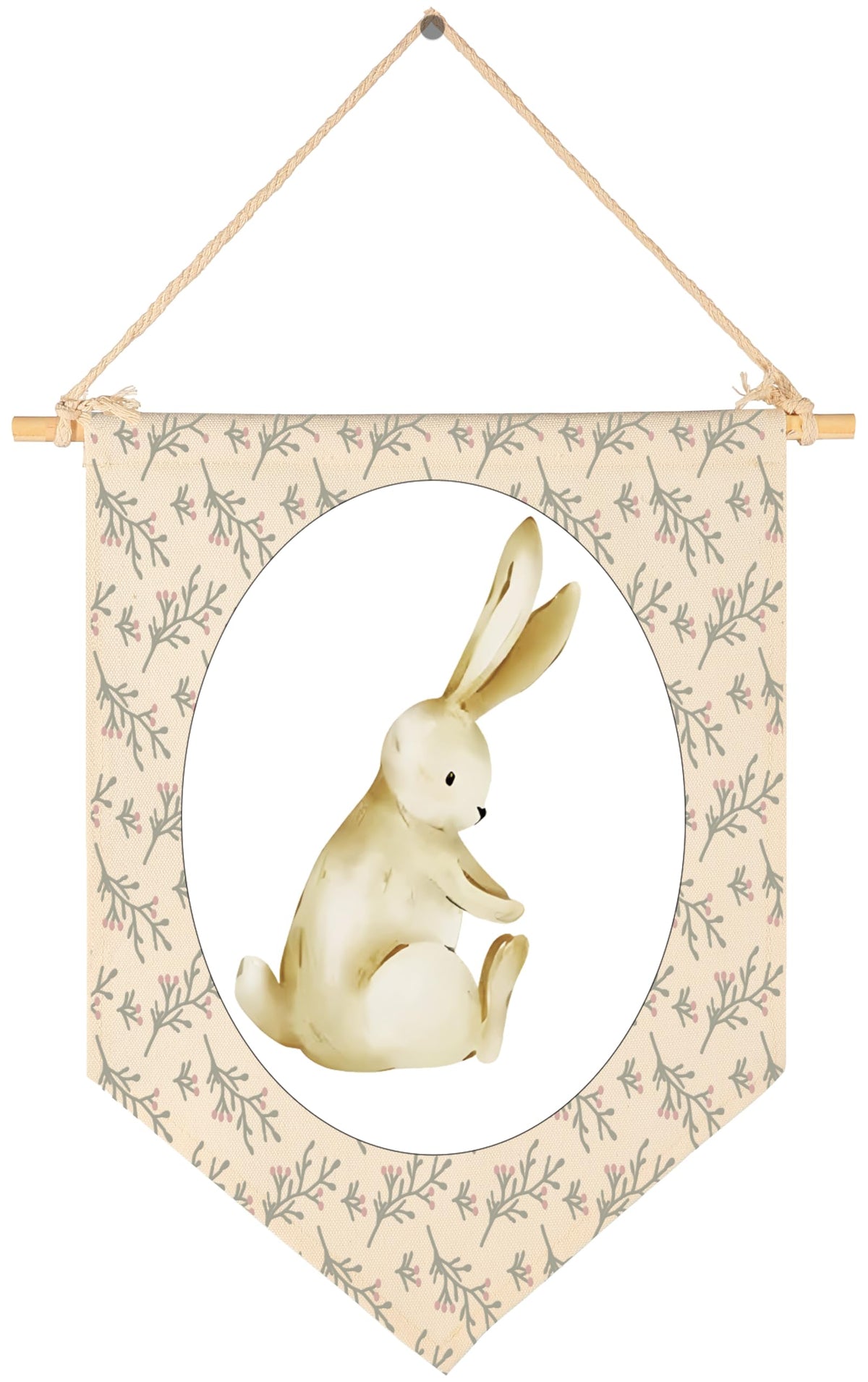 Sioial nursery rabbit-theme banner hanging above crib adds playful decor.