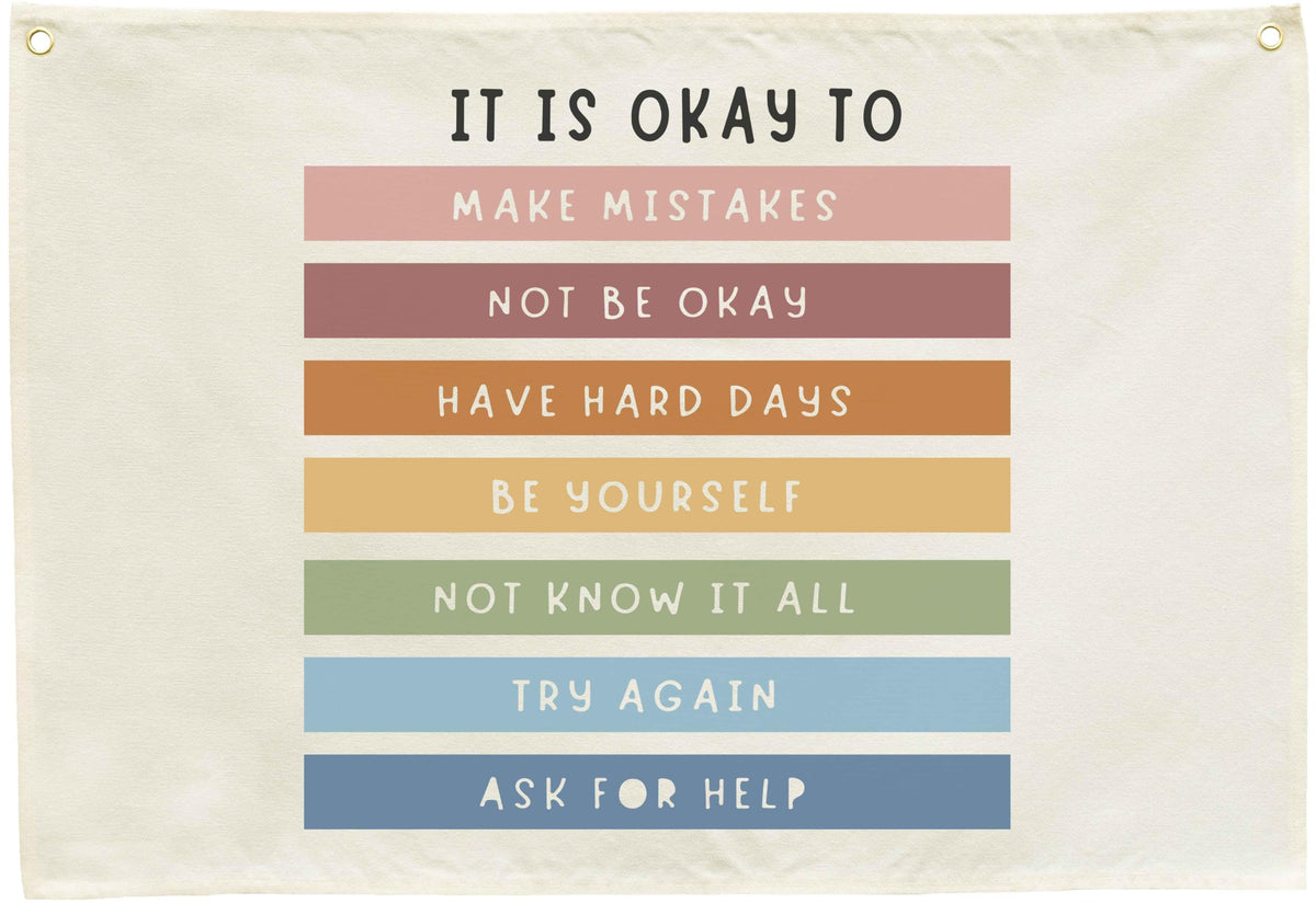 Sioial positive mental health banner unrolled display in a bright classroom setting for motivation.