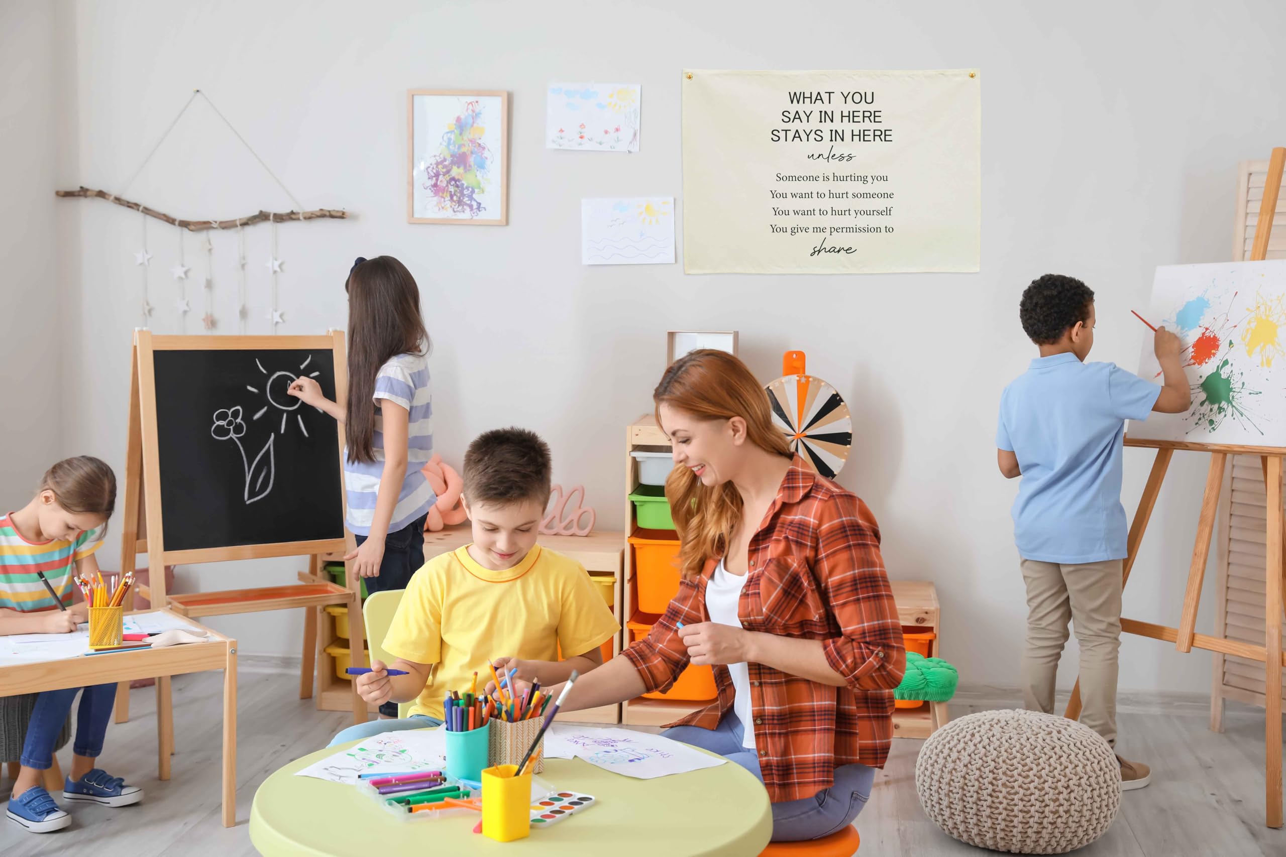 Sioial banner brightens a playroom wall with subtle style.