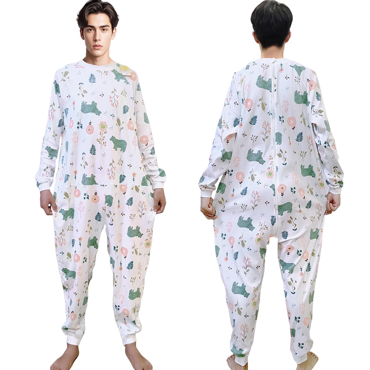 Siomlana back-zipper jumpsuit in forest pattern for secure dressing