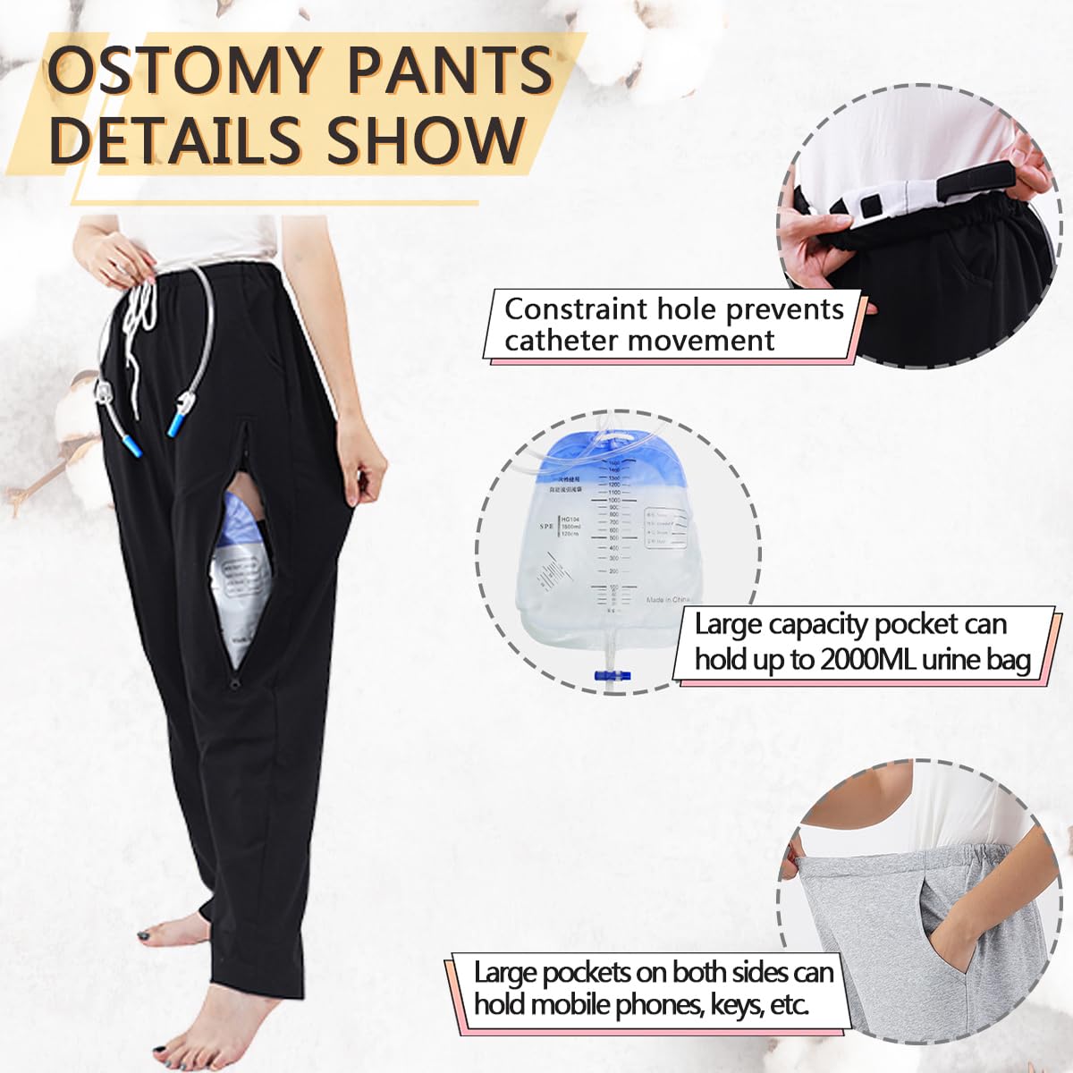 Siomlana catheter pants illustrating 2000 ml bag capacity