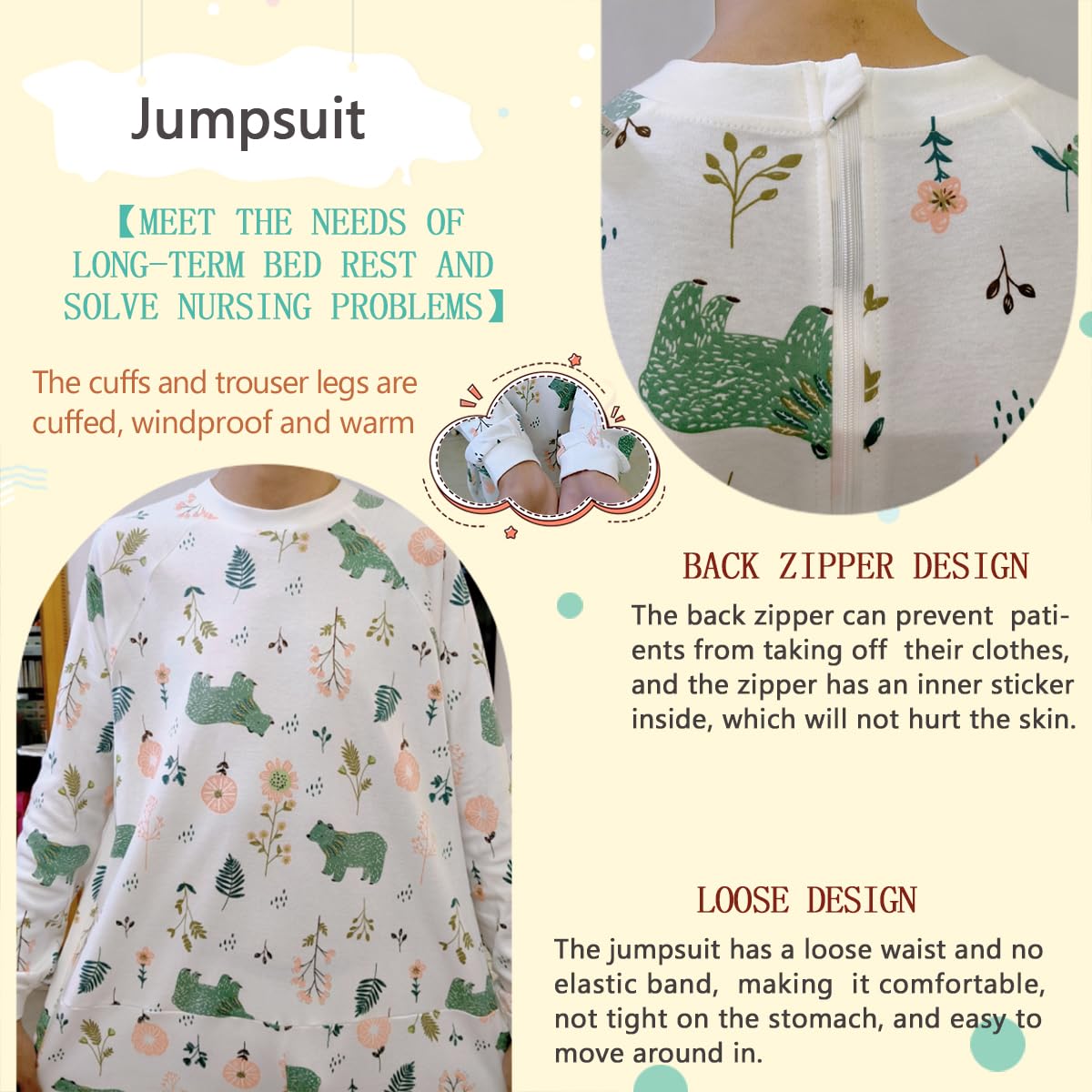 Siomlana forest-pattern jumpsuit supports daily activities for seniors