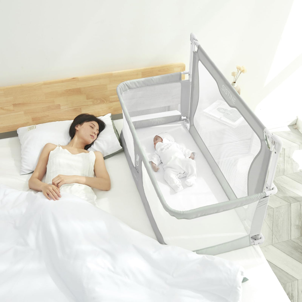 SISTINE Co Sleeper bed-side rail assembly shows stable support for safe night nursing