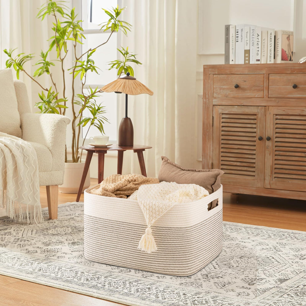 SIXDOVE blanket basket open with blankets showing spacious storage.