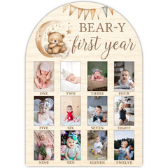 SIXEIGHT My First Year Photo Board bear baby frame, front view for month-by-month memories